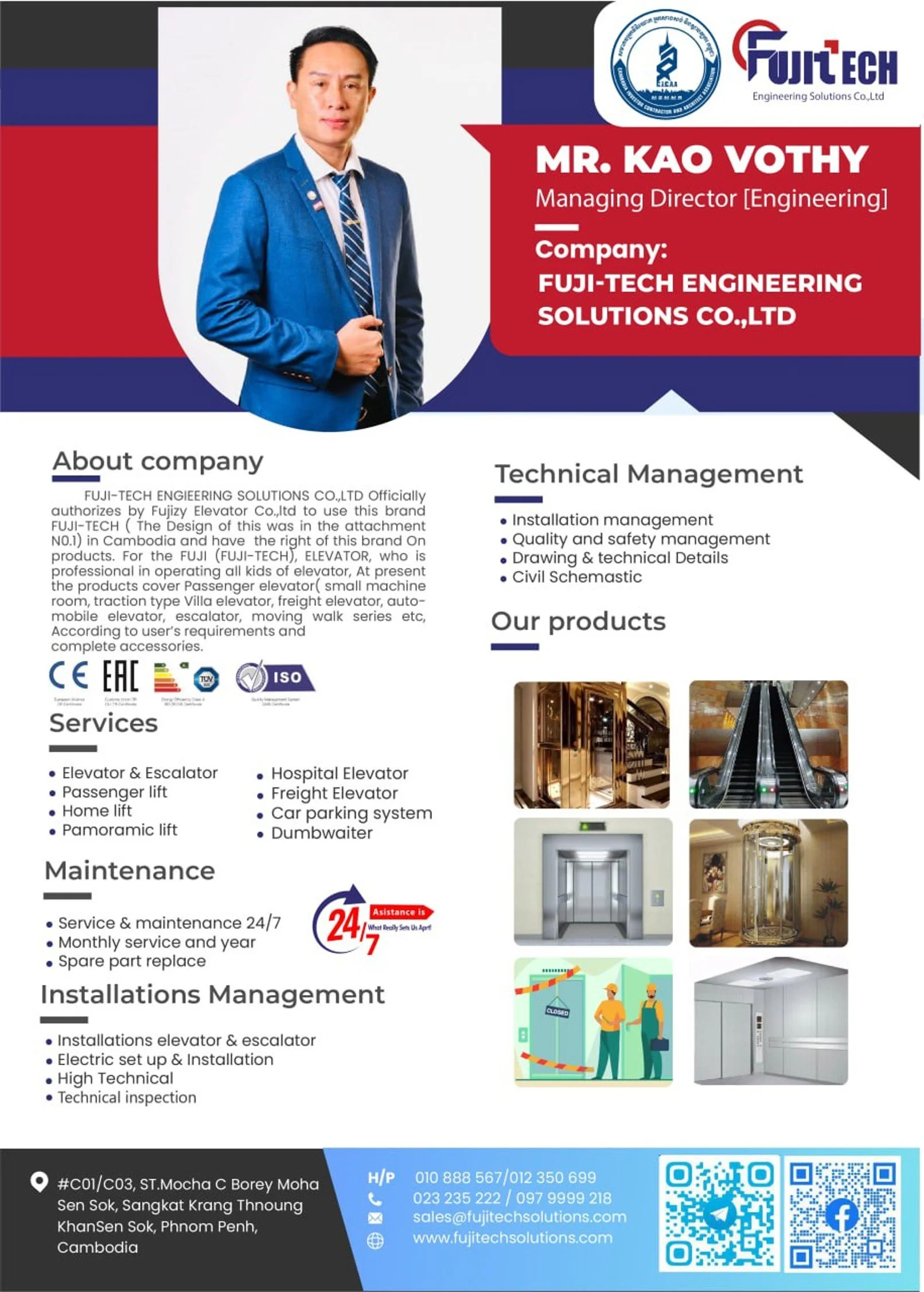 Business flyer for FUJI-TECH ENGINEERING SOLUTIONS CO., LTD featuring a man in a blue suit, company logos, a brief company overview, services like elevators and escalators maintenance, and images of elevators and building interiors.