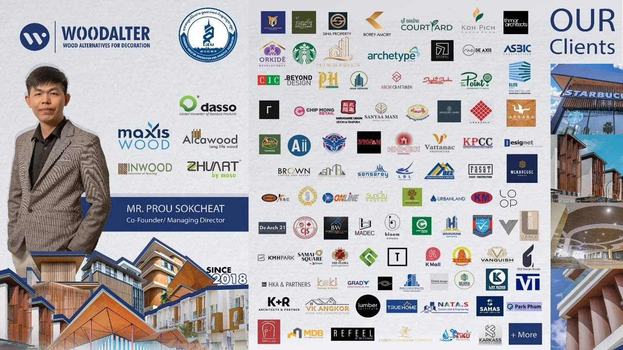 A business poster featuring Mr. Prou Sokcheat, co-founder and managing director, with a collage of logos of various clients and companies, background images of modern architectural structures, and the logo of Woodalters, a wooden alternative decoration company.