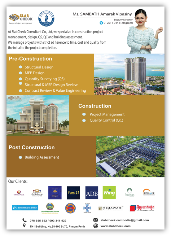 Business flyer for Slab Check Consulting Company showcasing construction project management services, including pre-construction, construction, and post-construction phases, with images of buildings and client logos at the bottom.