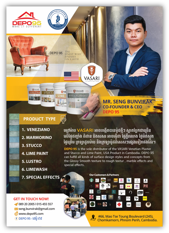 Business advertisement featuring Mr. Seng Bunvirak, co-founder and CEO of DEPO 95, standing with arms crossed in front of a wall. The ad displays VASARI plaster and stucco products, product details, contact information, and a list of product types including Veneziano, Marmorino, Stucco, Lime Paint, Lustro, Limewash, and Special Effects, with several logos of customer partners at the bottom.