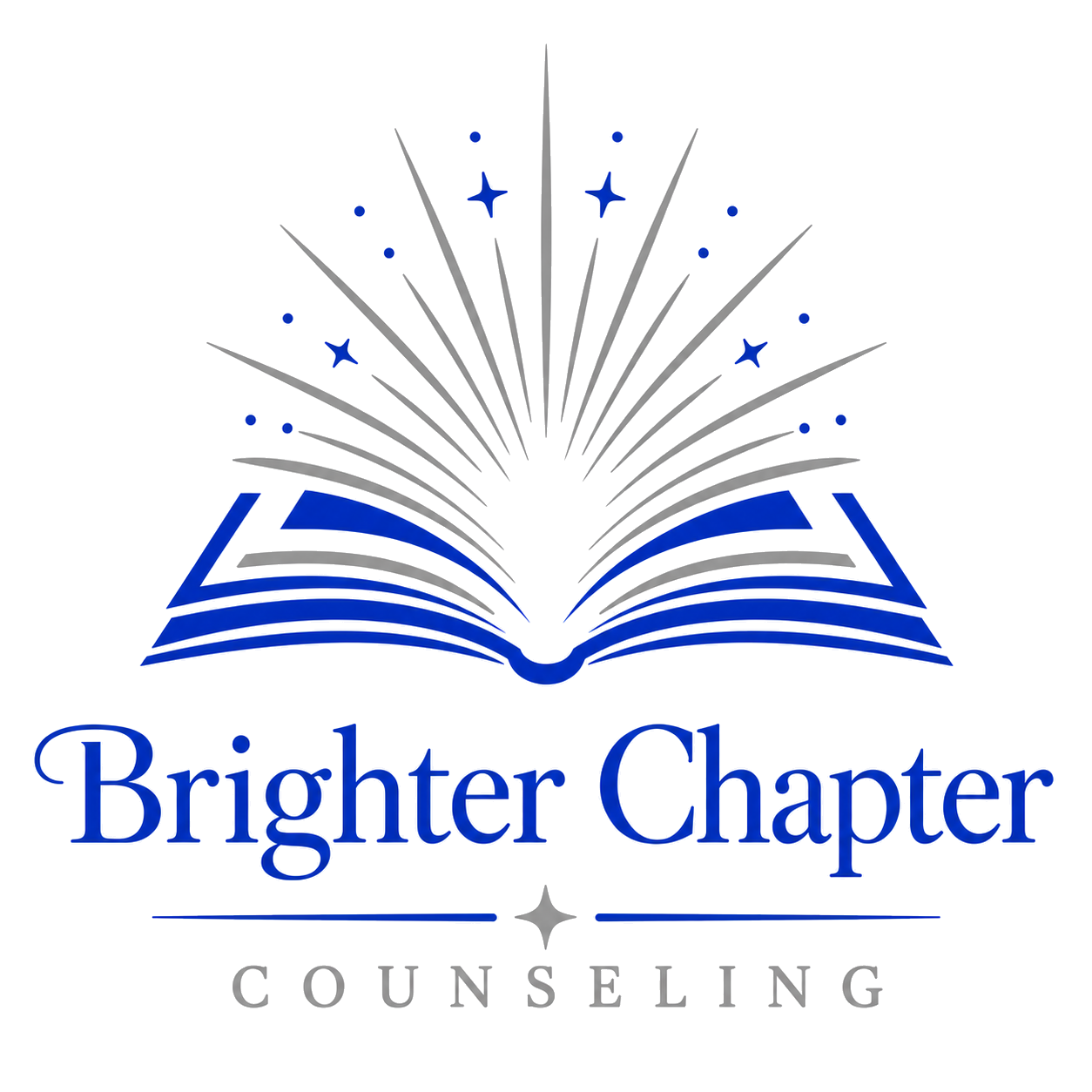 Logo for Brighter Chapter Counseling featuring an open book with rays of light and stars emerging from it, with the text 'Brighter Chapter' in large blue letters and 'COUNSELING' in smaller gray letters below.