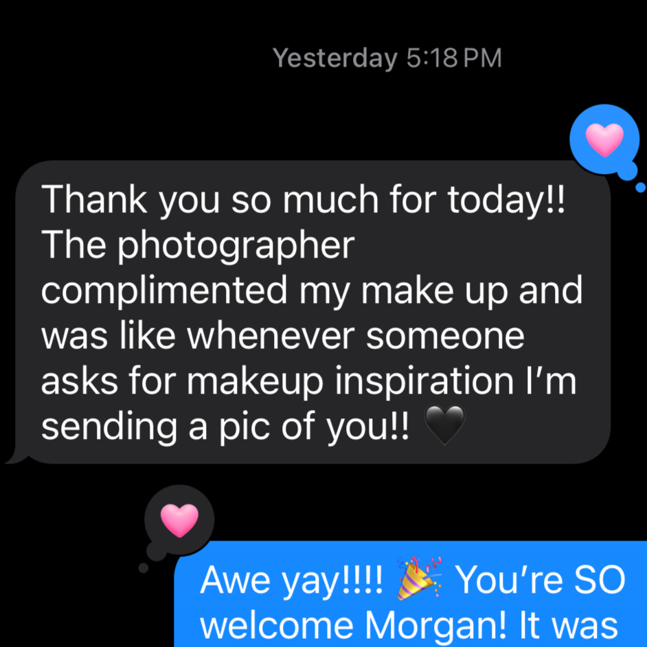 Screenshot of a text conversation with messages expressing gratitude and excitement, including heart and celebration emojis.