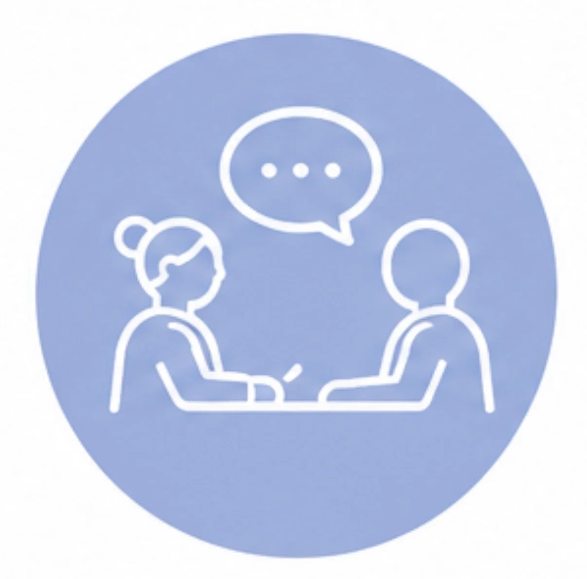 Illustration of two people sitting across from each other having a conversation, with a speech bubble above them containing three dots.