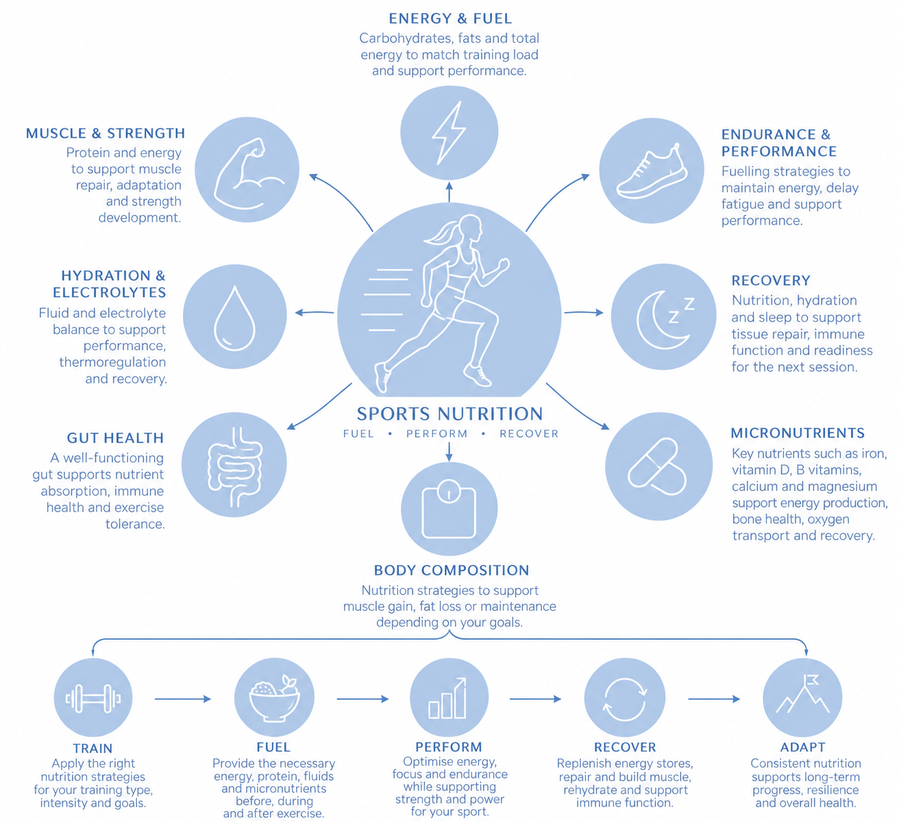 Diagram of sports nutrition components including energy & fuel, endurance & performance, recovery, micronutrients, body composition, gut health, hydration & electrolytes, muscle & strength, with icons and explanatory text, centered around a running woman.