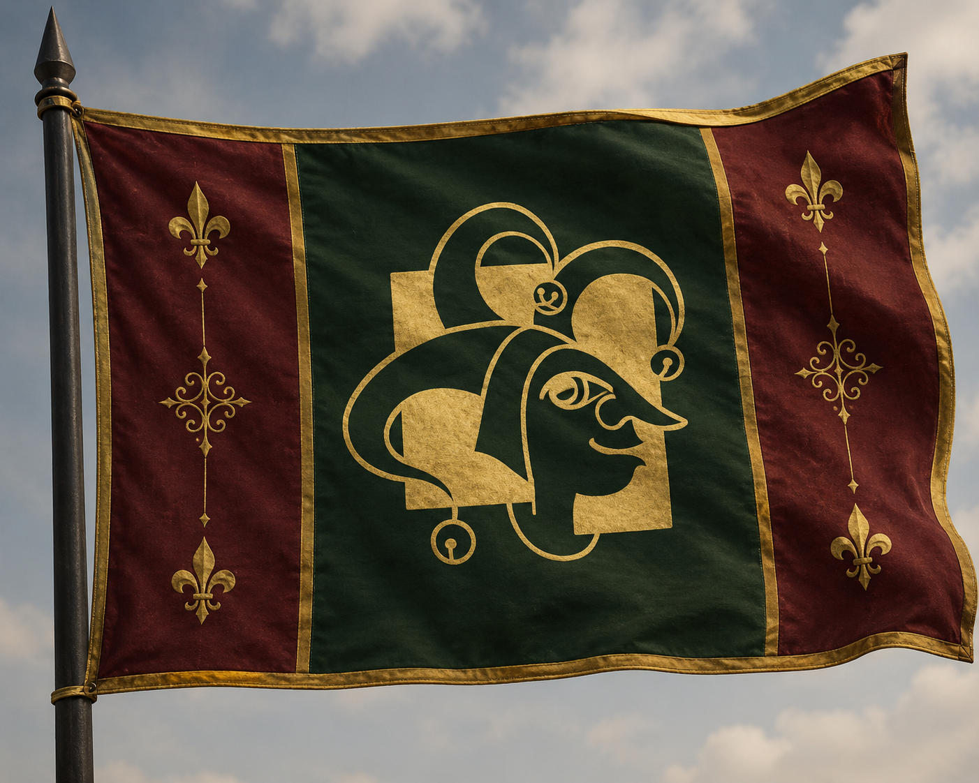 Flag featuring a stylized gold face profile wearing a helmet with a feather, set on a green background with red borders and gold fleur-de-lis symbols.