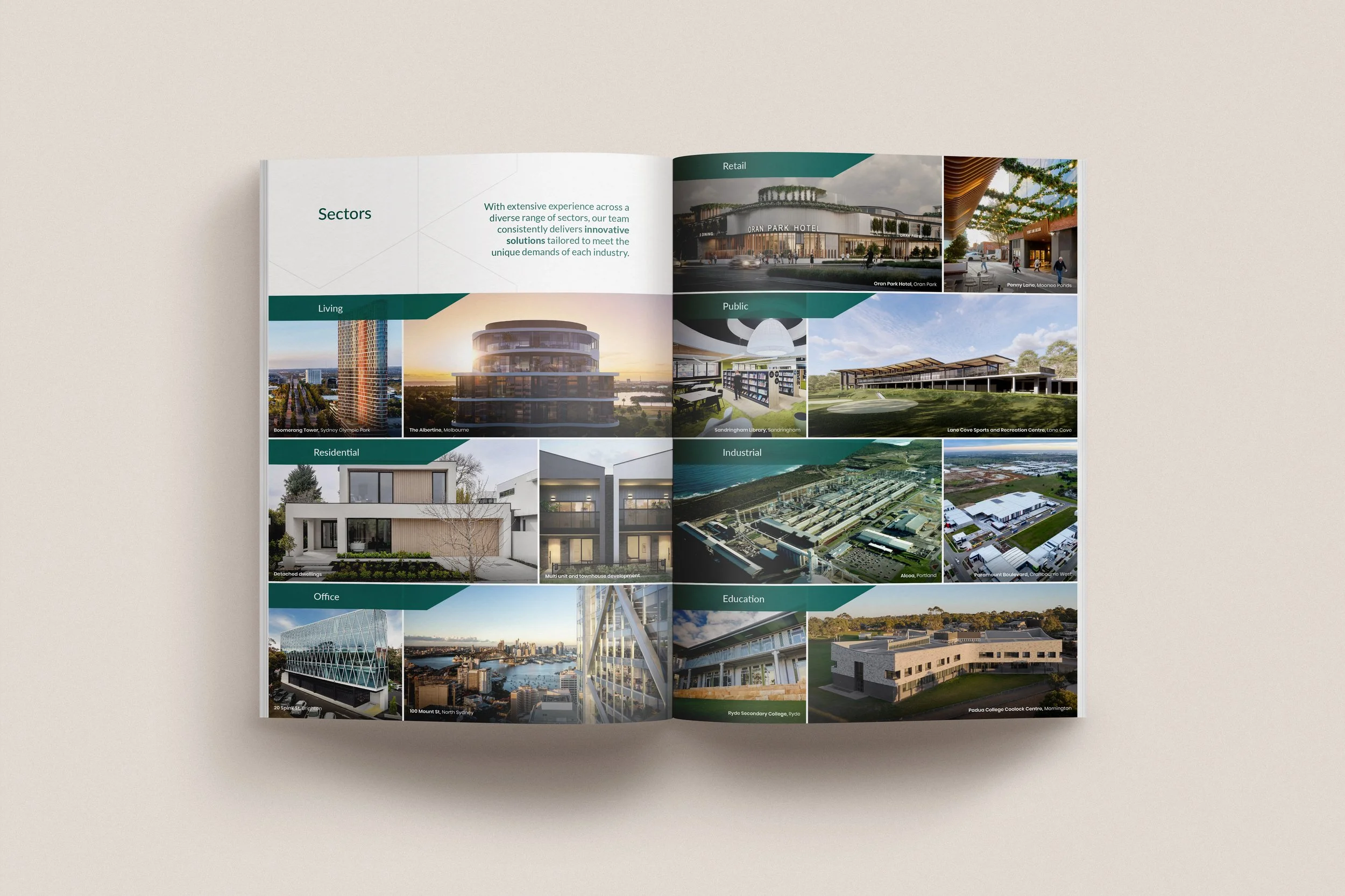Open magazine displaying various architectural projects and buildings, with images of modern architecture, residential, office, retail, and educational facilities.