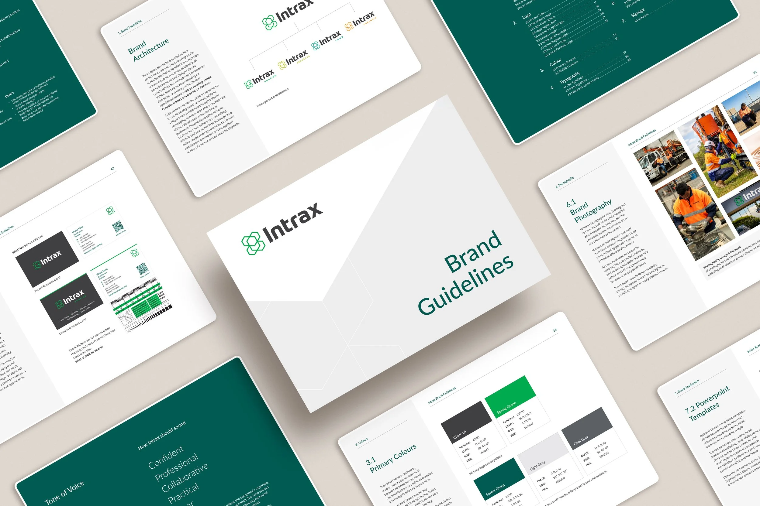 A collection of presentation slides for Intrax brand guidelines, featuring logo variations, color palettes, typography, brand photography, and other branding standards.