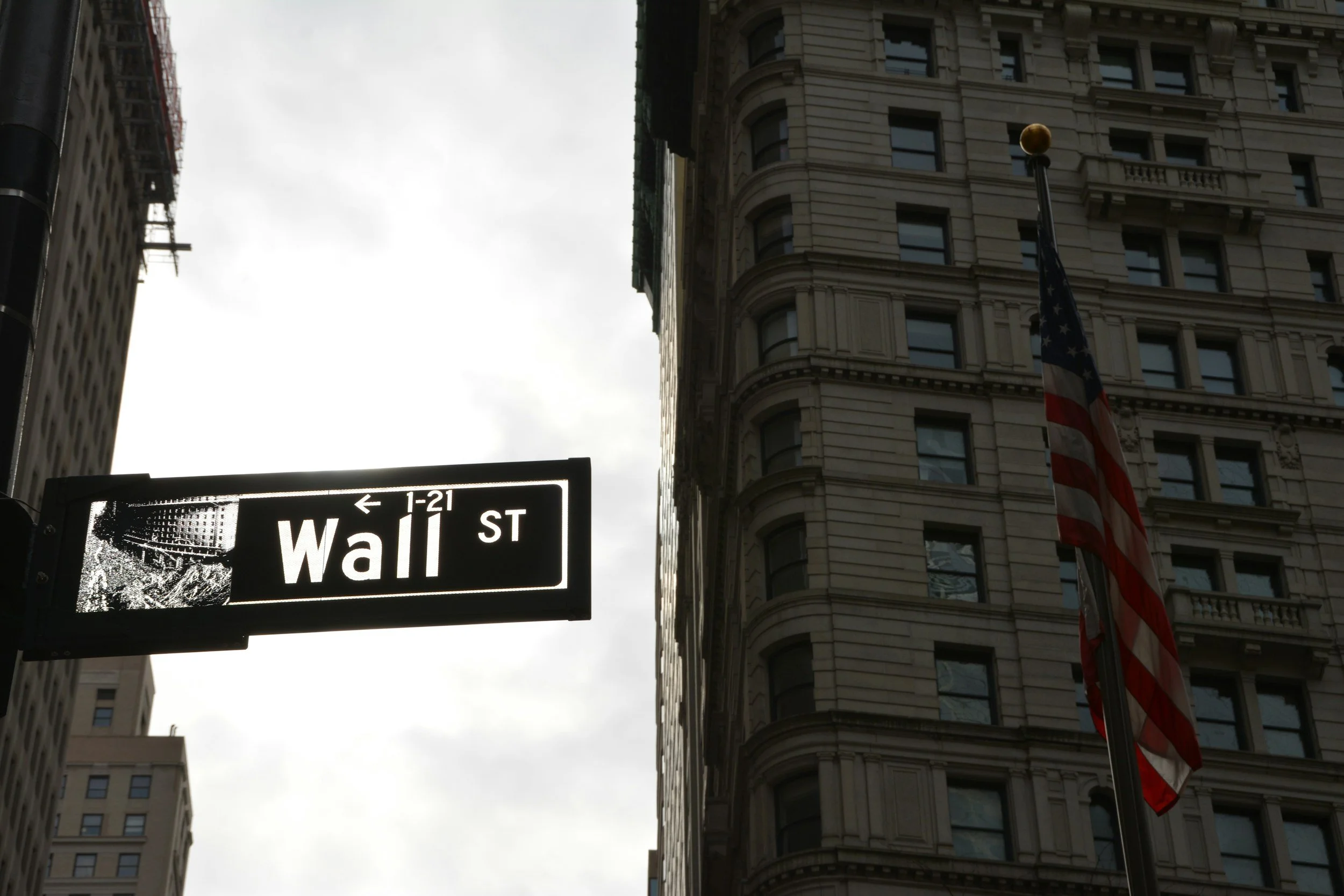 Street sign showing Wall Street intersection in Manhattan, New York City, with tall buildings and American flags in the background on a cloudy day.