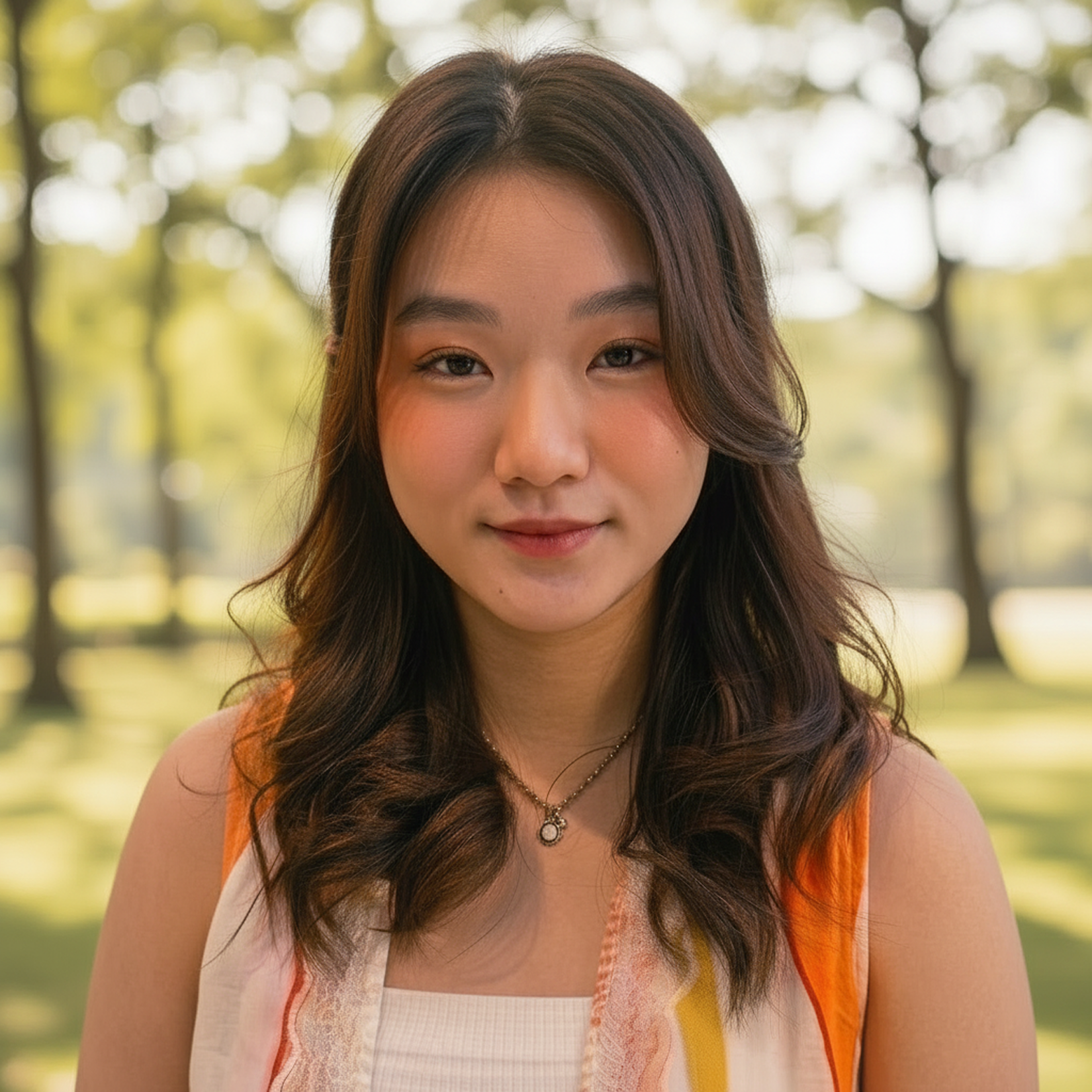 Tasya Gunadi, wearing a sleeveless top with orange, white, and yellow colors, and a necklace with a circular pendant, standing outdoors in front of a blurred background of trees and sunlight.