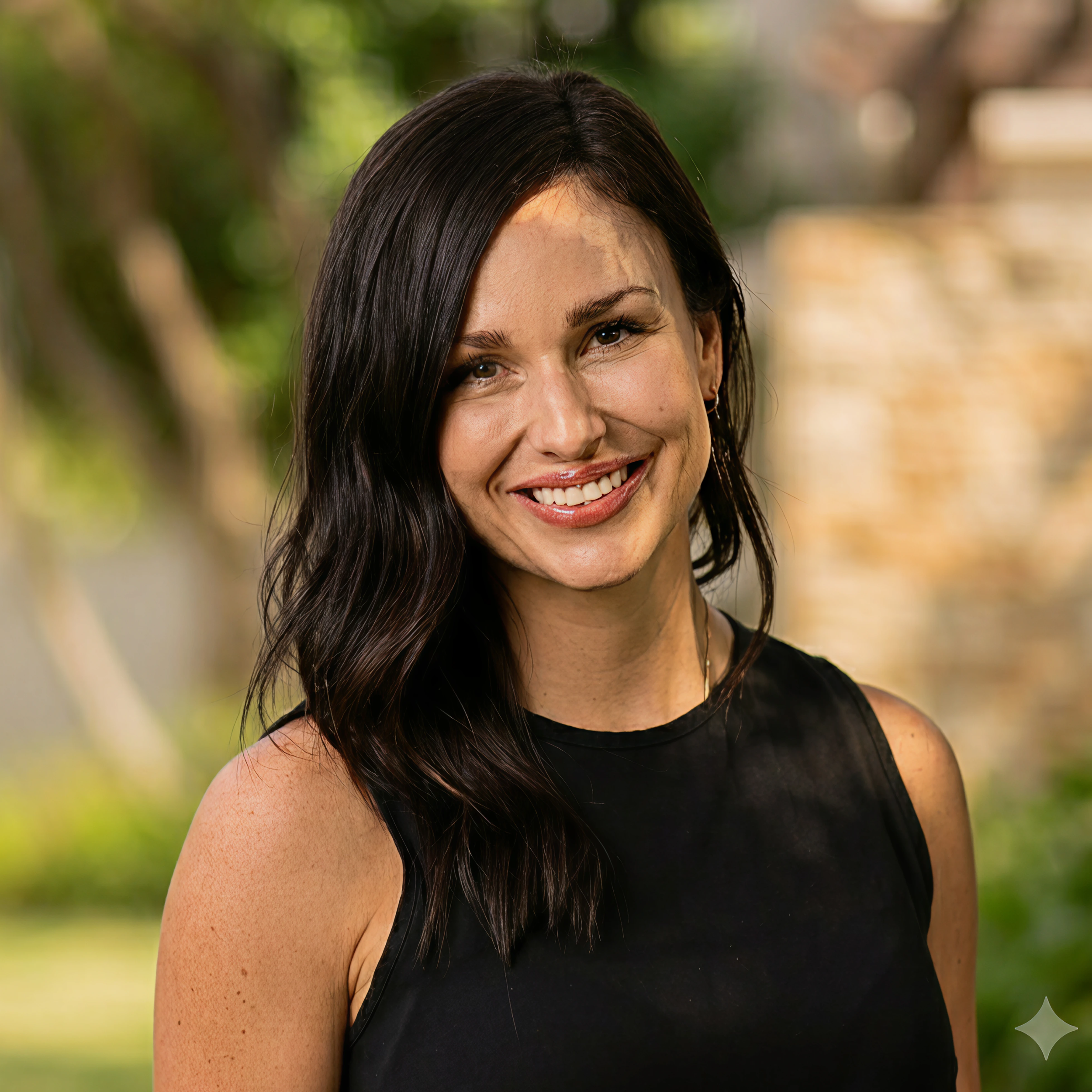 Close-up of Danielle Turner smiling outdoors, wearing a black sleeveless top, with a blurred green natural background.