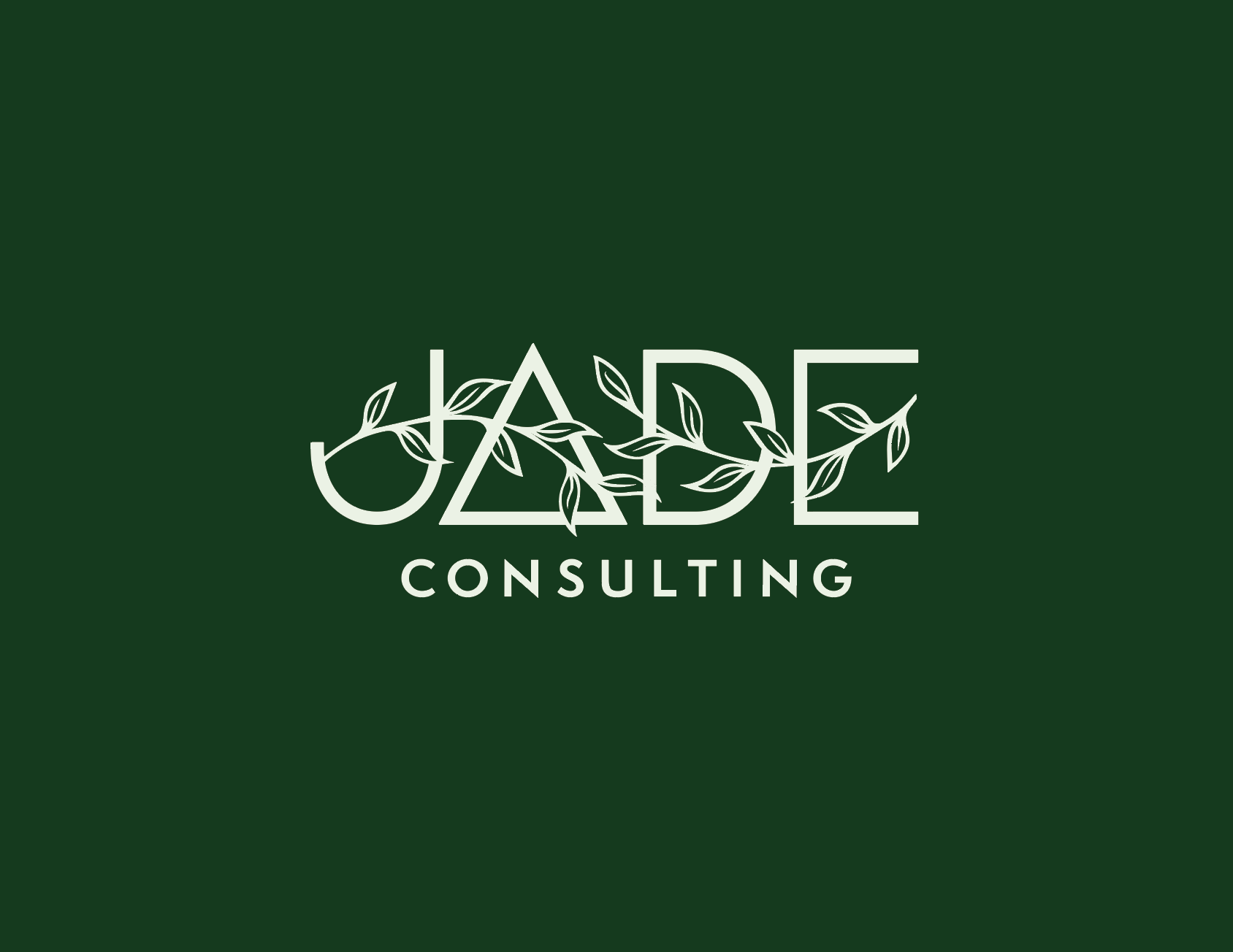 Logo for Jade Consulting with the word 'Jade' in stylized text intertwined with green leaves, and 'Consulting' written below in smaller text, on a dark green background.