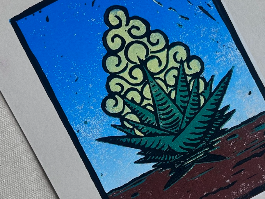 A colorful illustration of a cannabis plant with green leaves and yellow buds, set against a bright blue background.