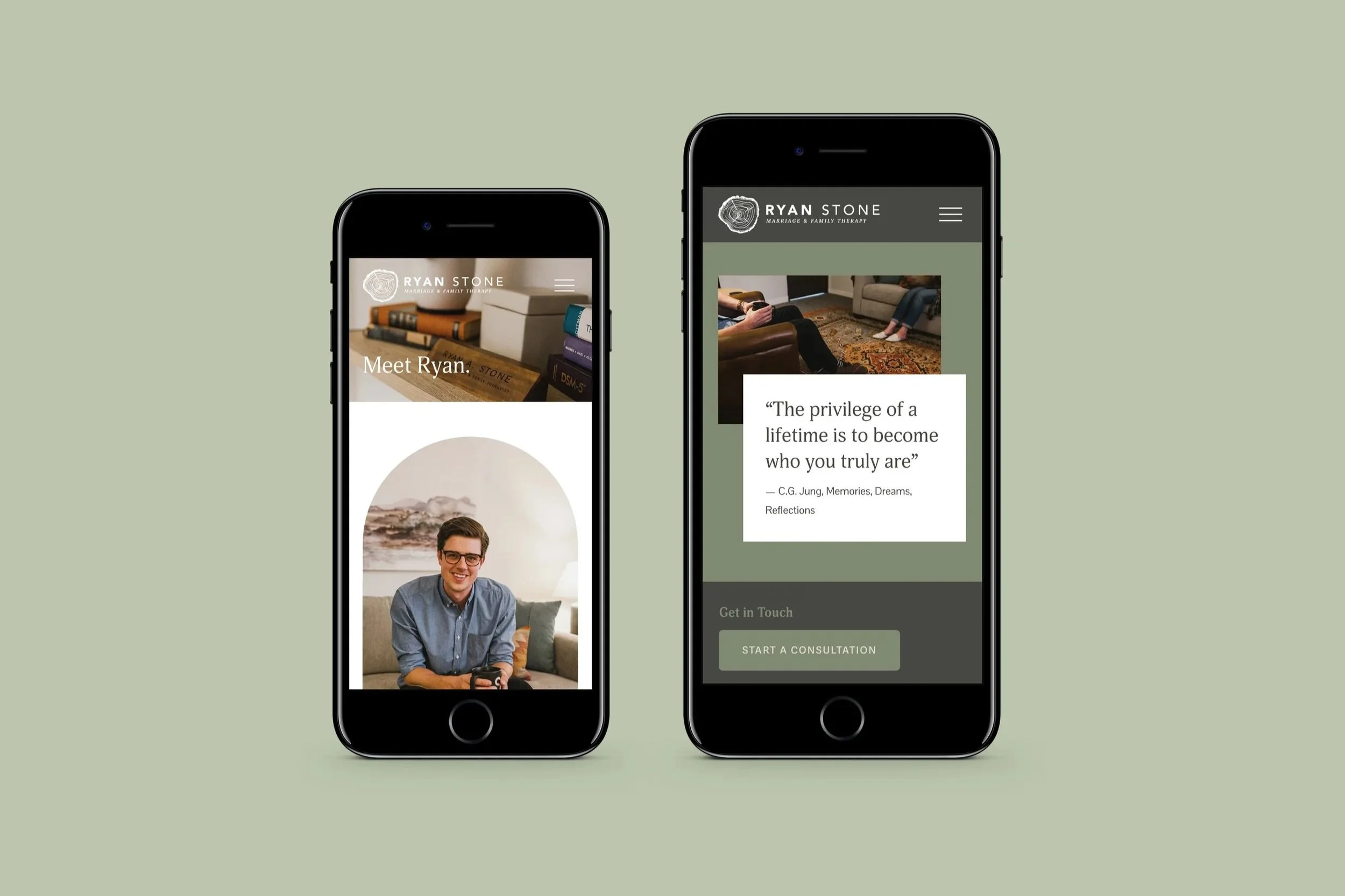 Two smartphones displaying therapy or counseling website pages, one showing a smiling man and the other showing a quote about self-acceptance, on a light green background.