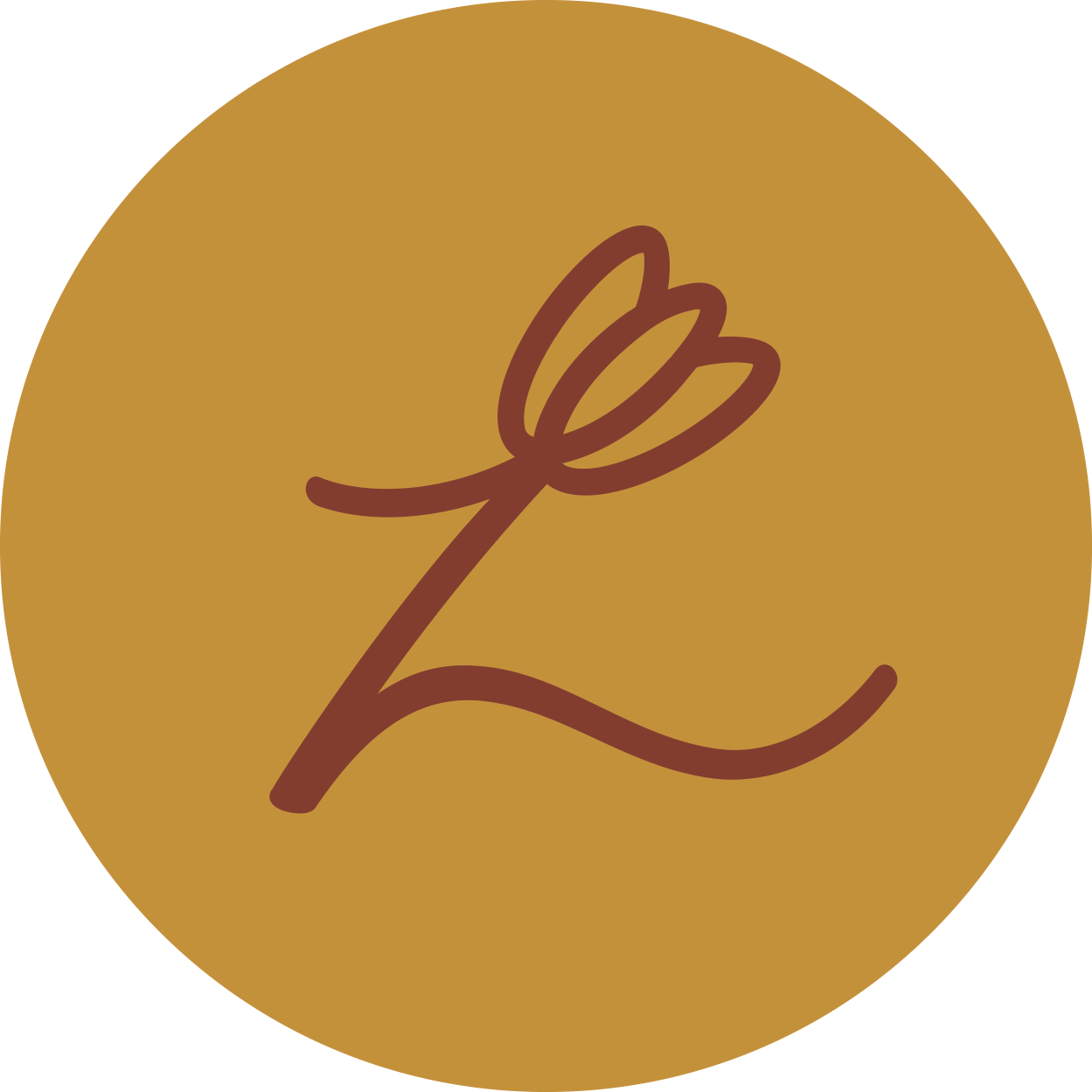 A circular logo with a brown outline of a flower on a gold background.