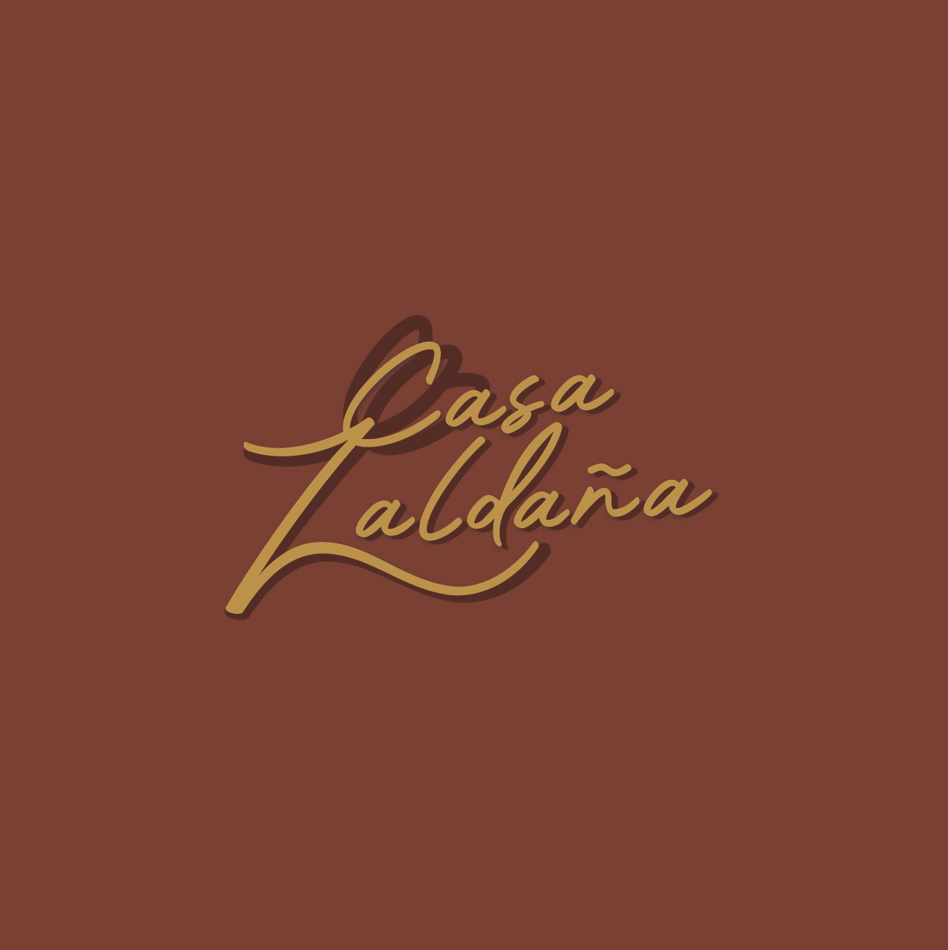Logo with stylized cursive text reading 'Casa Laldana' on a dark red background.