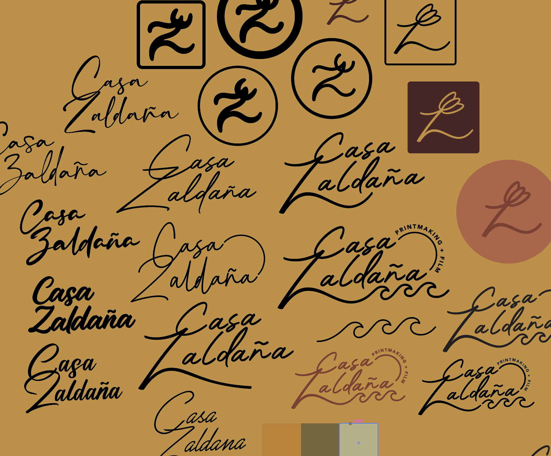 The image features a pattern with the text 'Casa Zaldaña' written in various fonts and styles repeated all over. The background colors include shades of brown, tan, and muted red. There are also icons resembling a stylized flower inside squares and circles, with some icons in metallic or gold tones.