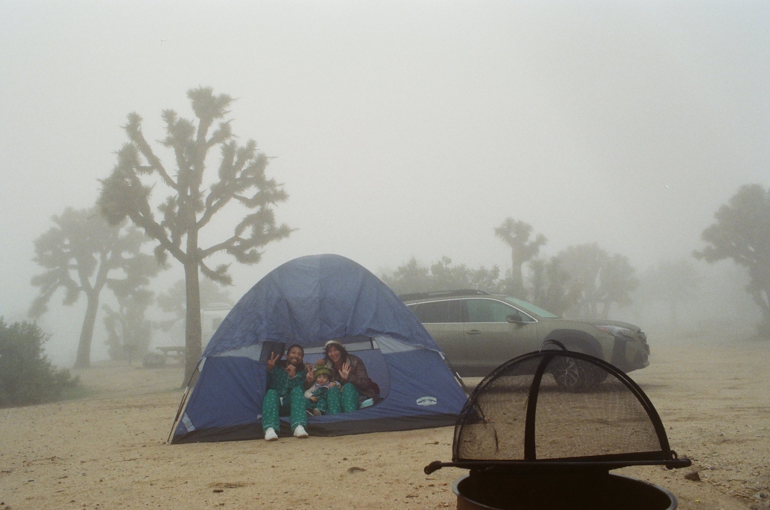 A family is sitting inside a blue camping tent in a foggy desert landscape with Joshua trees and parked cars in the background.