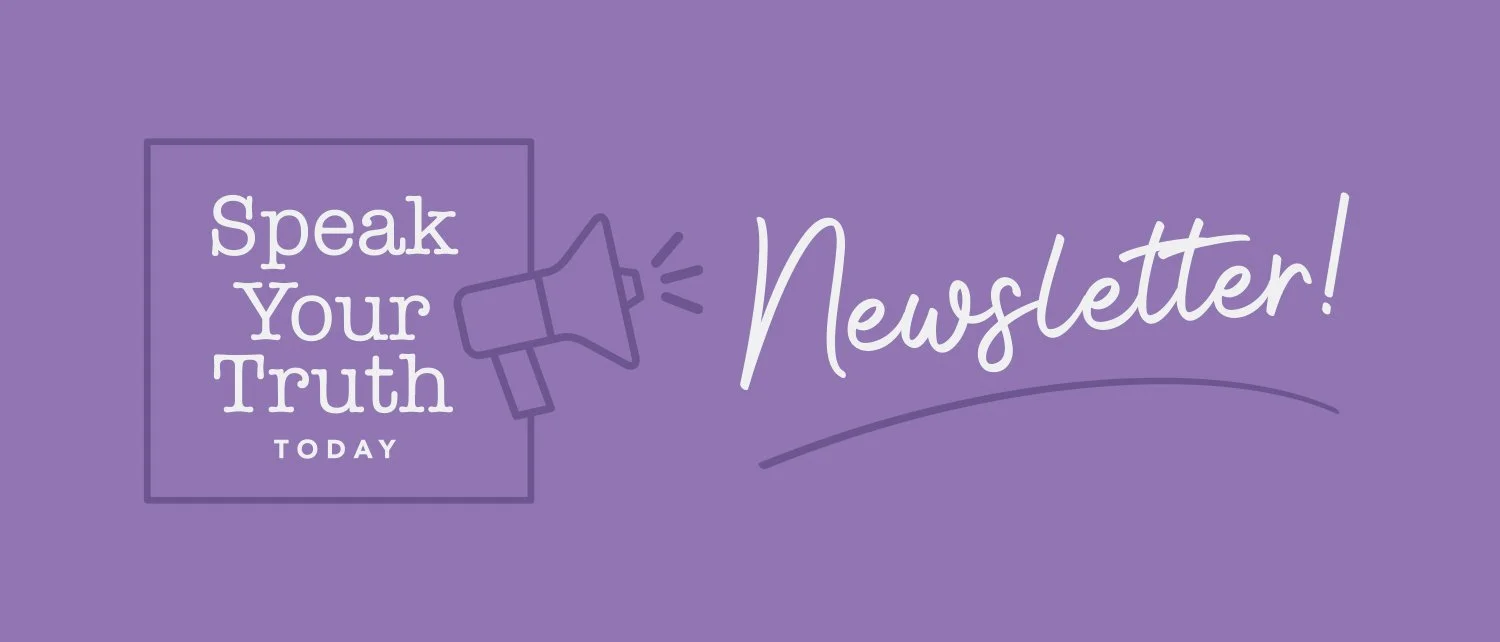 Purple background with a message encouraging people to speak their truth through a newsletter, featuring a megaphone icon.