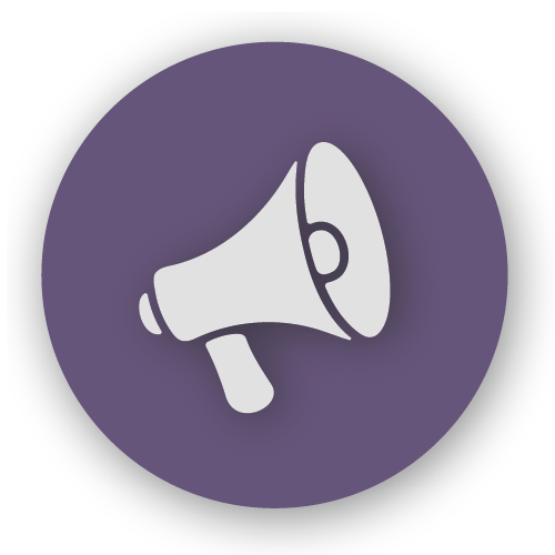 Icon of a white megaphone on a purple circular background.