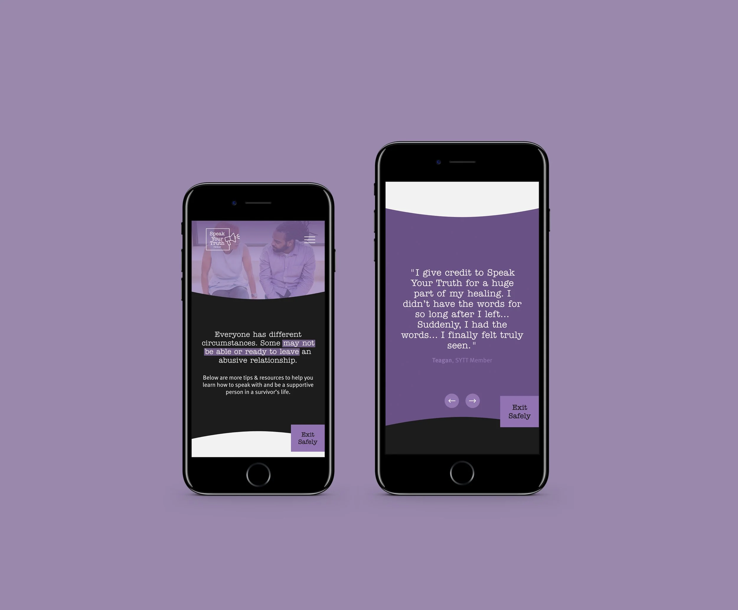 Two smartphones with app screens against a purple background.