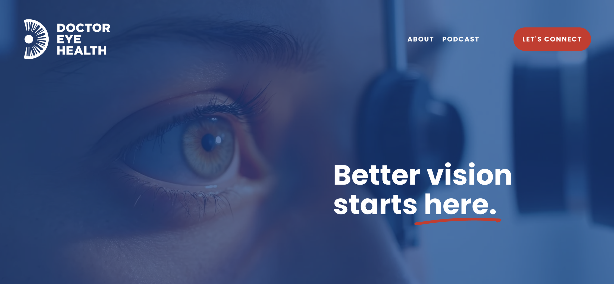 Close-up of a person's eye looking through a microscope, with the text "Better vision starts here" and navigation options about, podcast, and a red button labeled "Let's Connect".