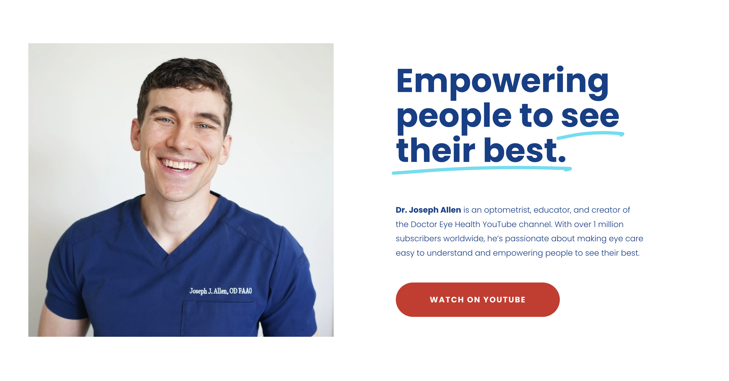 A male optometrist wearing blue scrubs smiling at the camera. Text on the right side promoting empowering people to see their best, with a red button labeled 'Watch on YouTube'.