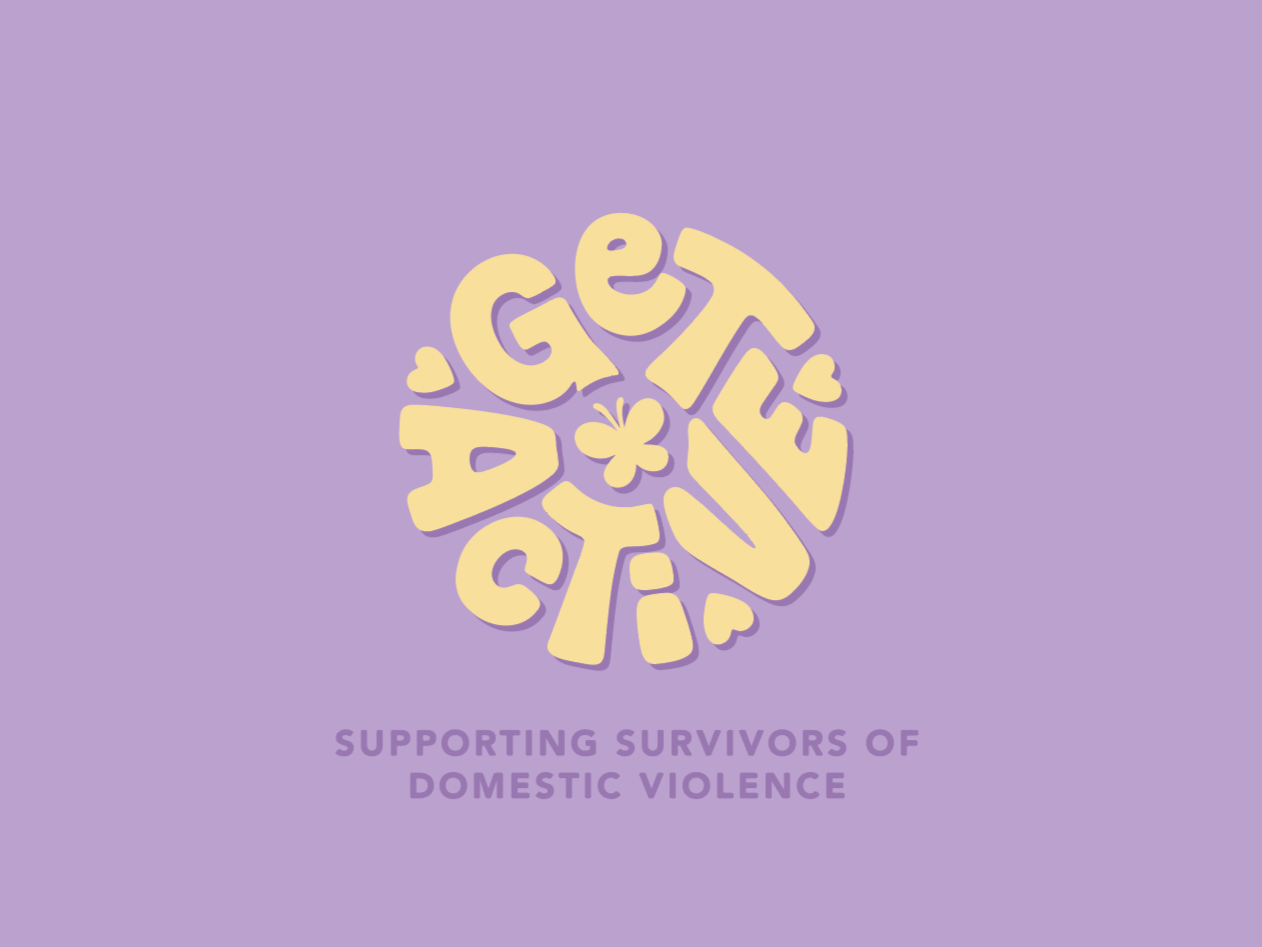 A circular graphic with the word "GEt the WiN" in playful yellow bubble letters on a purple background, with smaller hearts and a flower, and the text "Supporting Survivors of Domestic Violence" underneath.
