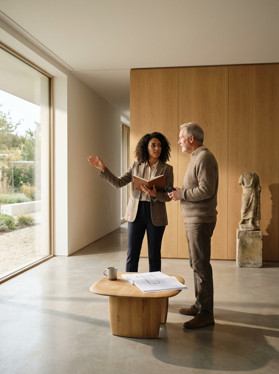 A woman and an older man having a conversation in a modern, well-lit interior. The woman is holding a notebook and gesturing with her hand, while the man is holding a smartphone. There is a small wooden table with architectural plans and a mug on it. Large windows reveal a garden outside.