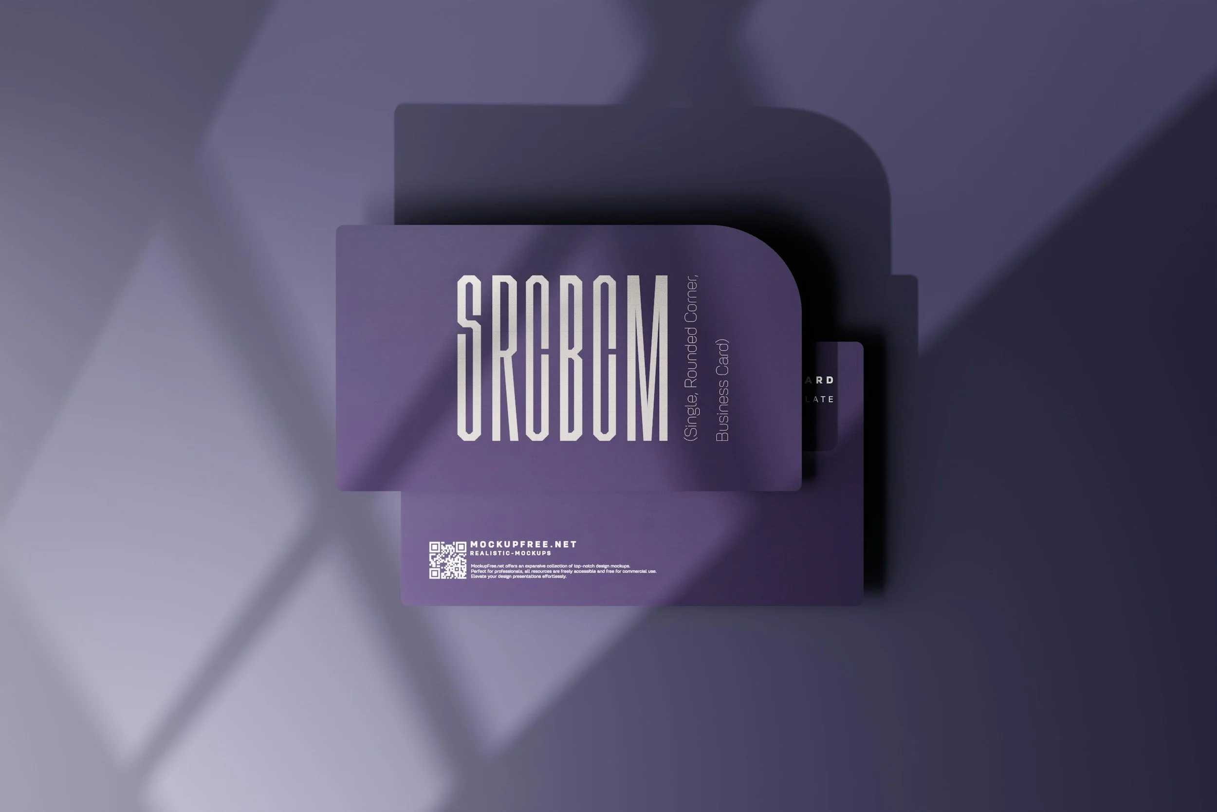 Mockup of a purple business card for a conference called 'Shadow'. The card mentions that it is a single rounder and includes a QR code at the bottom with a website URL.