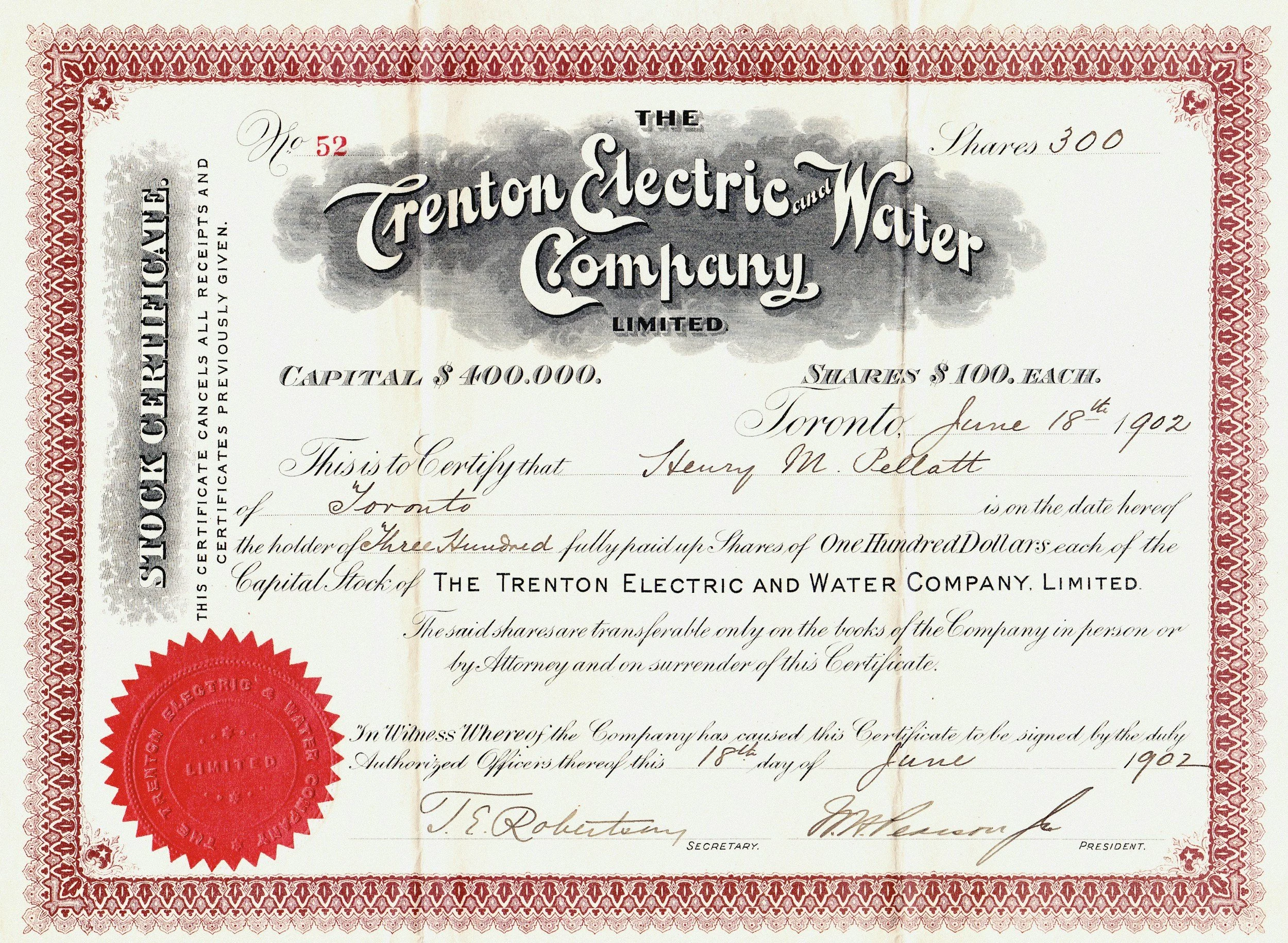 Historical stock certificate from Trenton Electric and Water Company, Limited, dated June 18, 1902, showing decorative red border and official red seal.
