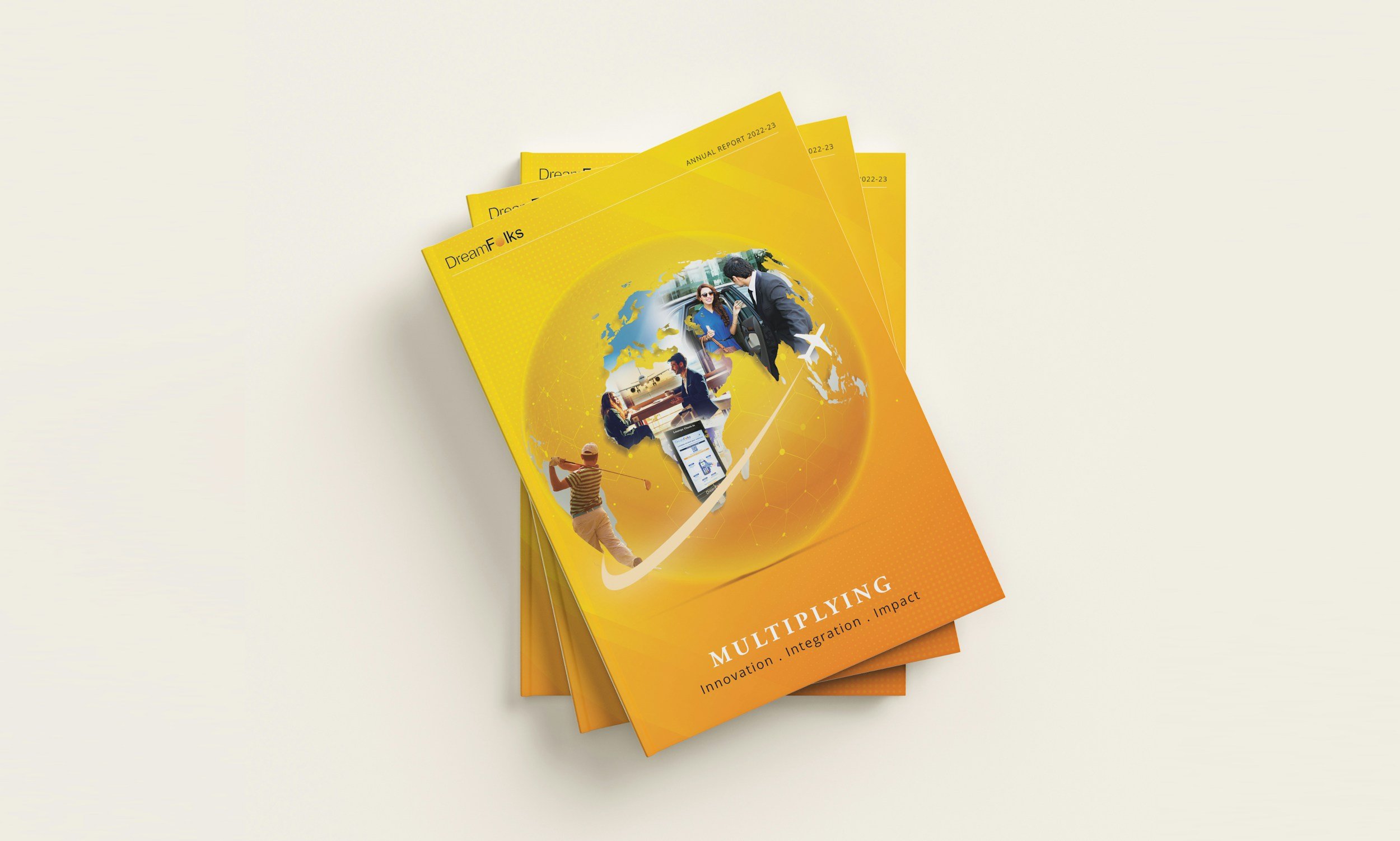 Stack of bright yellow brochures titled 'MULTIPLYING' with images of people engaging in various activities and a digital globe, emphasizing innovation, integration, and impact.