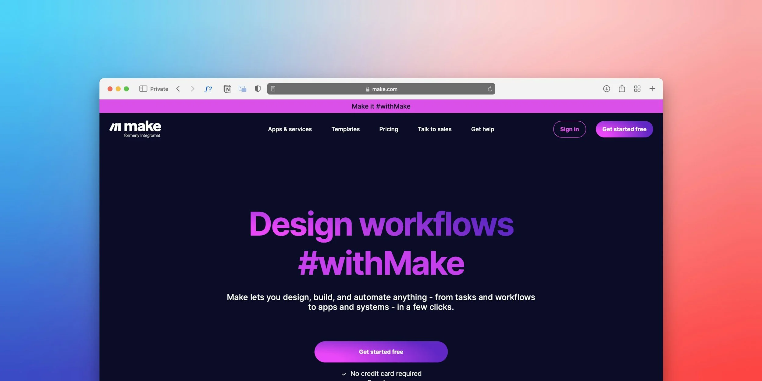 Screenshot of a website for Make, formerly Integramat, showcasing its services for designing workflows to automate tasks, with a prominent purple information banner, navigation menu, and a call-to-action button that says 'Get started free'.