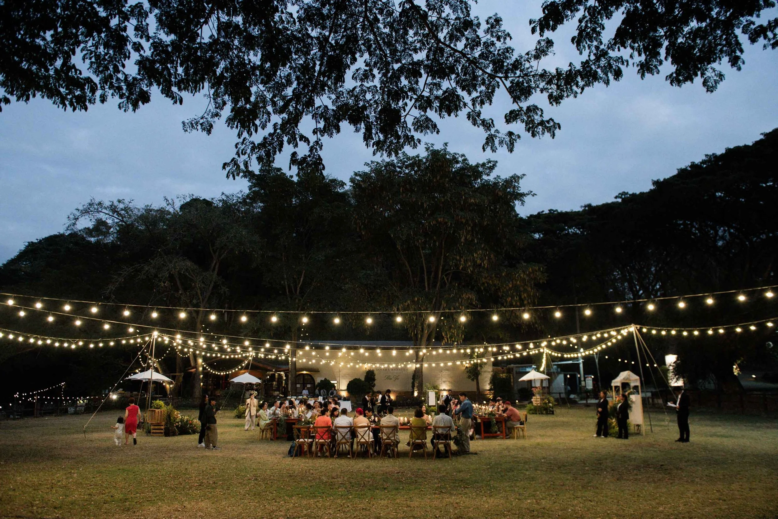 Evening reception beneath string lights at Issara Estates Winery.