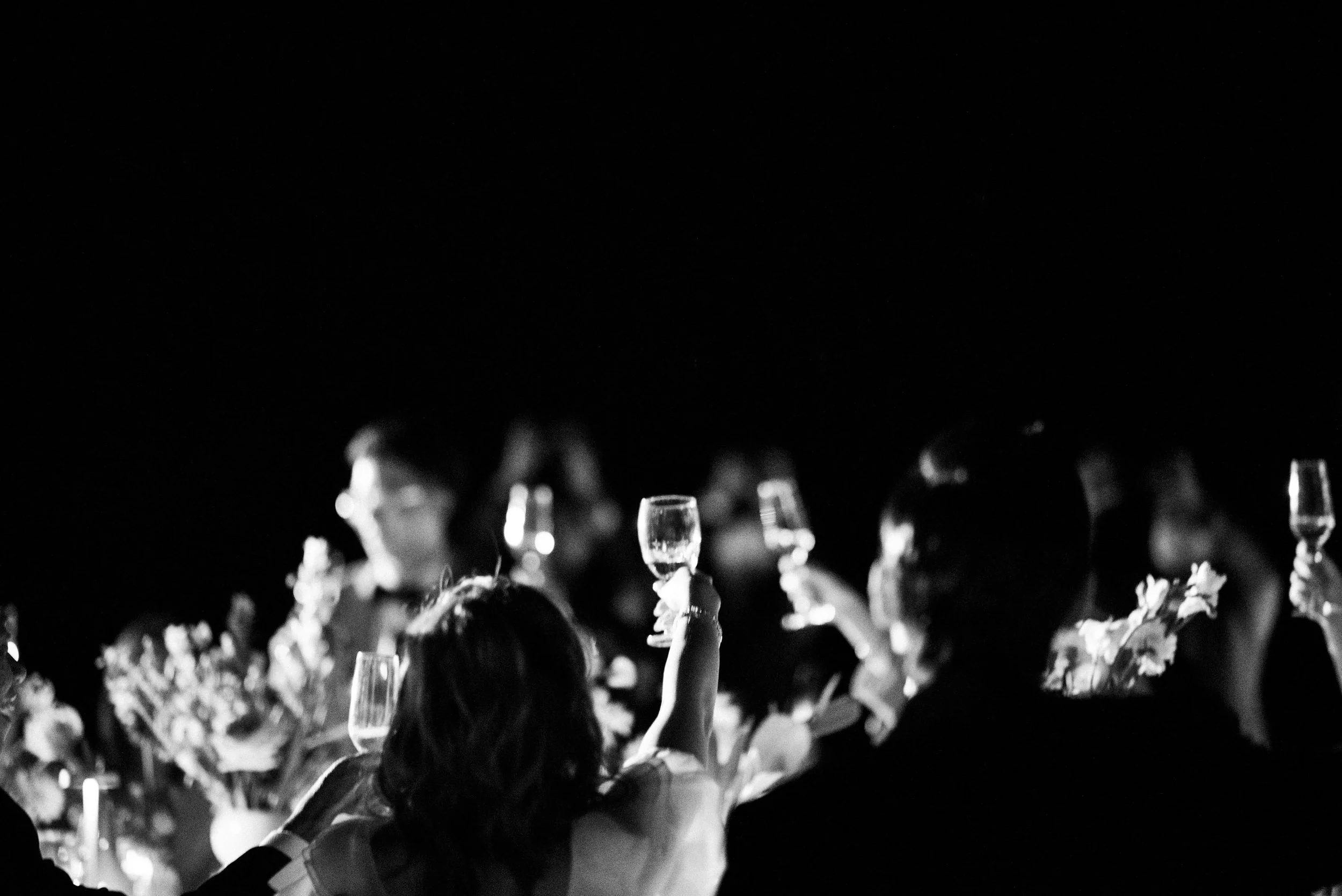 Bride and groom raising their glasses with their guests during dinner.