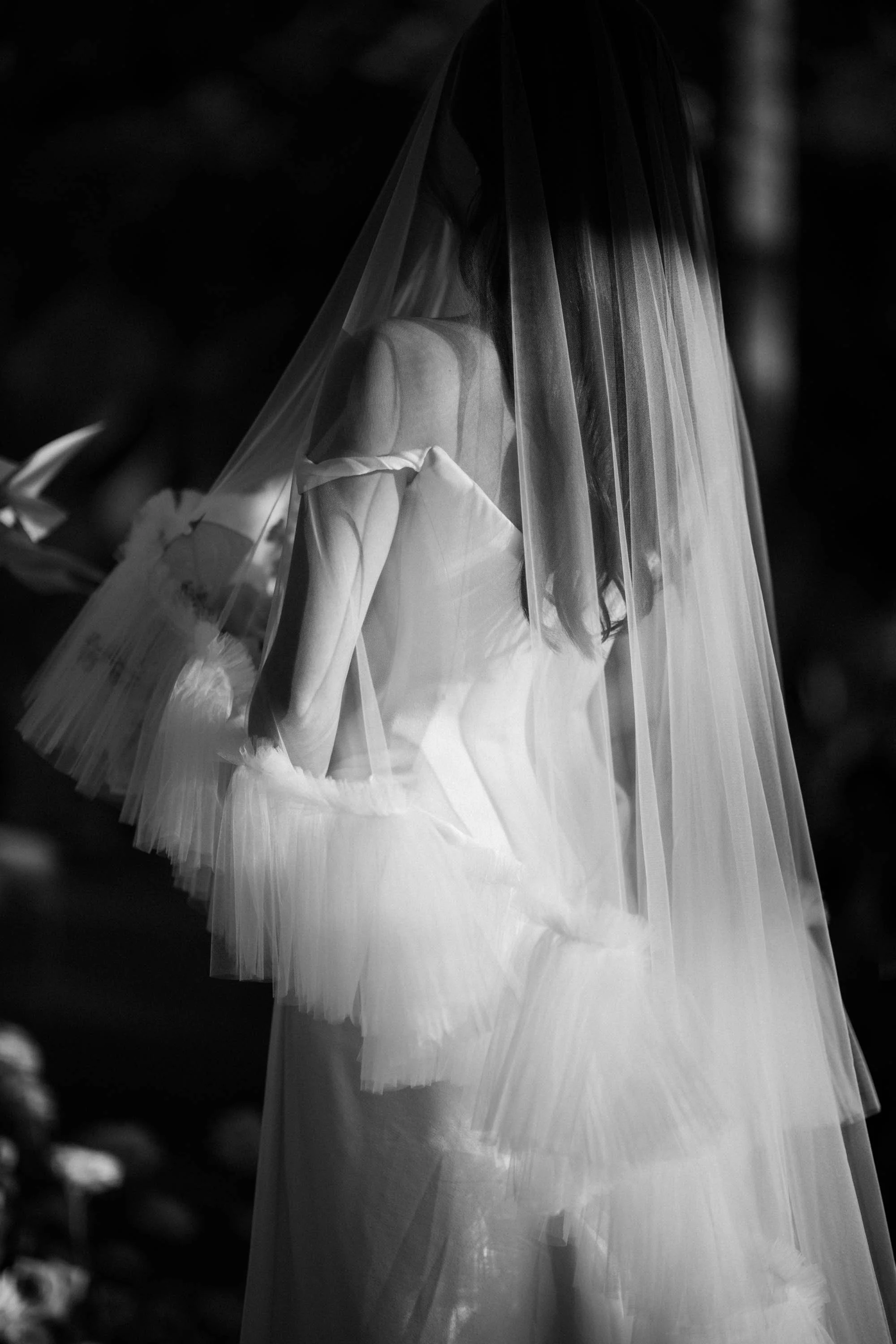 Back of the bride’s wedding dress and veil illuminated by natural light.