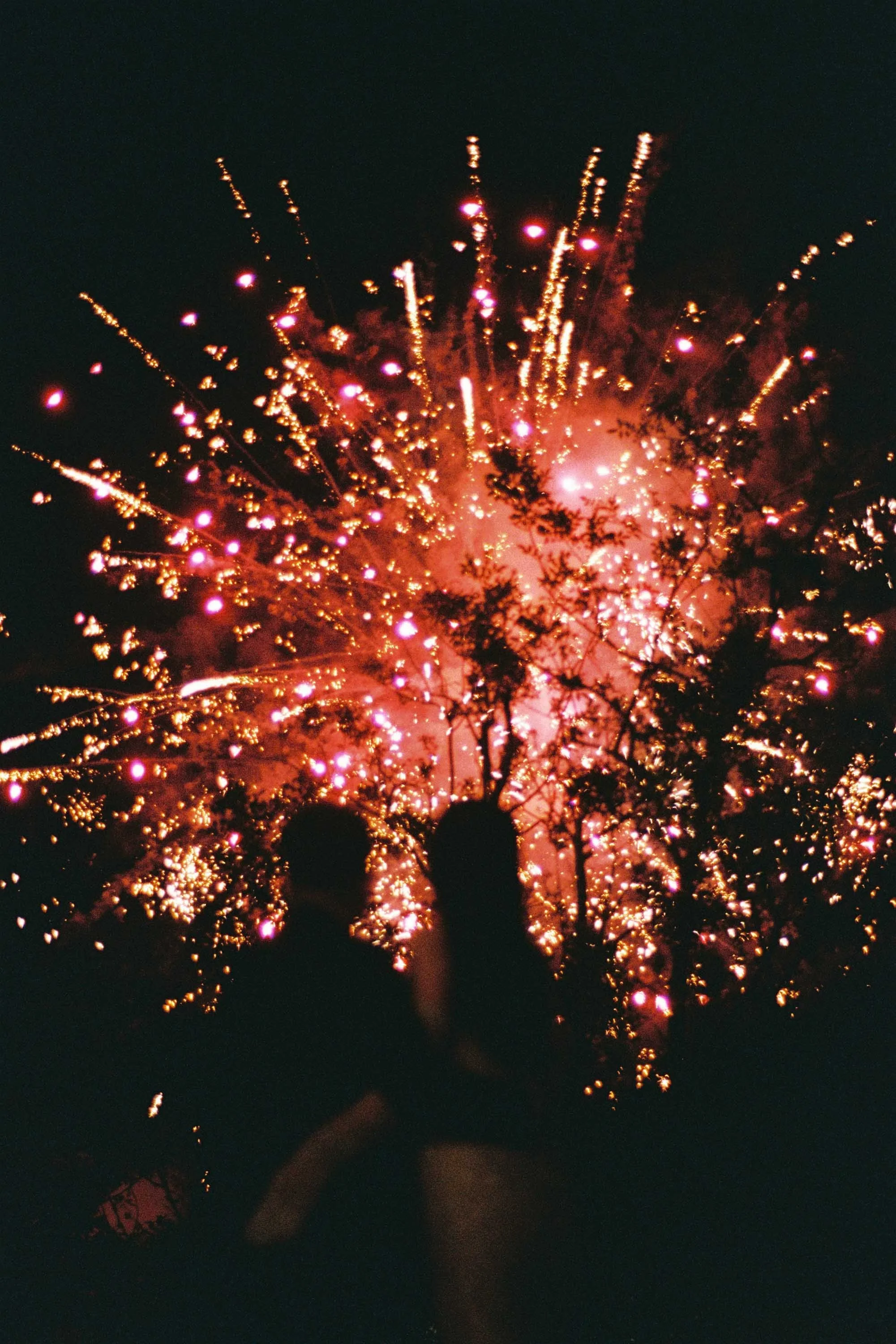 Bride and groom embracing while watching the fireworks.
