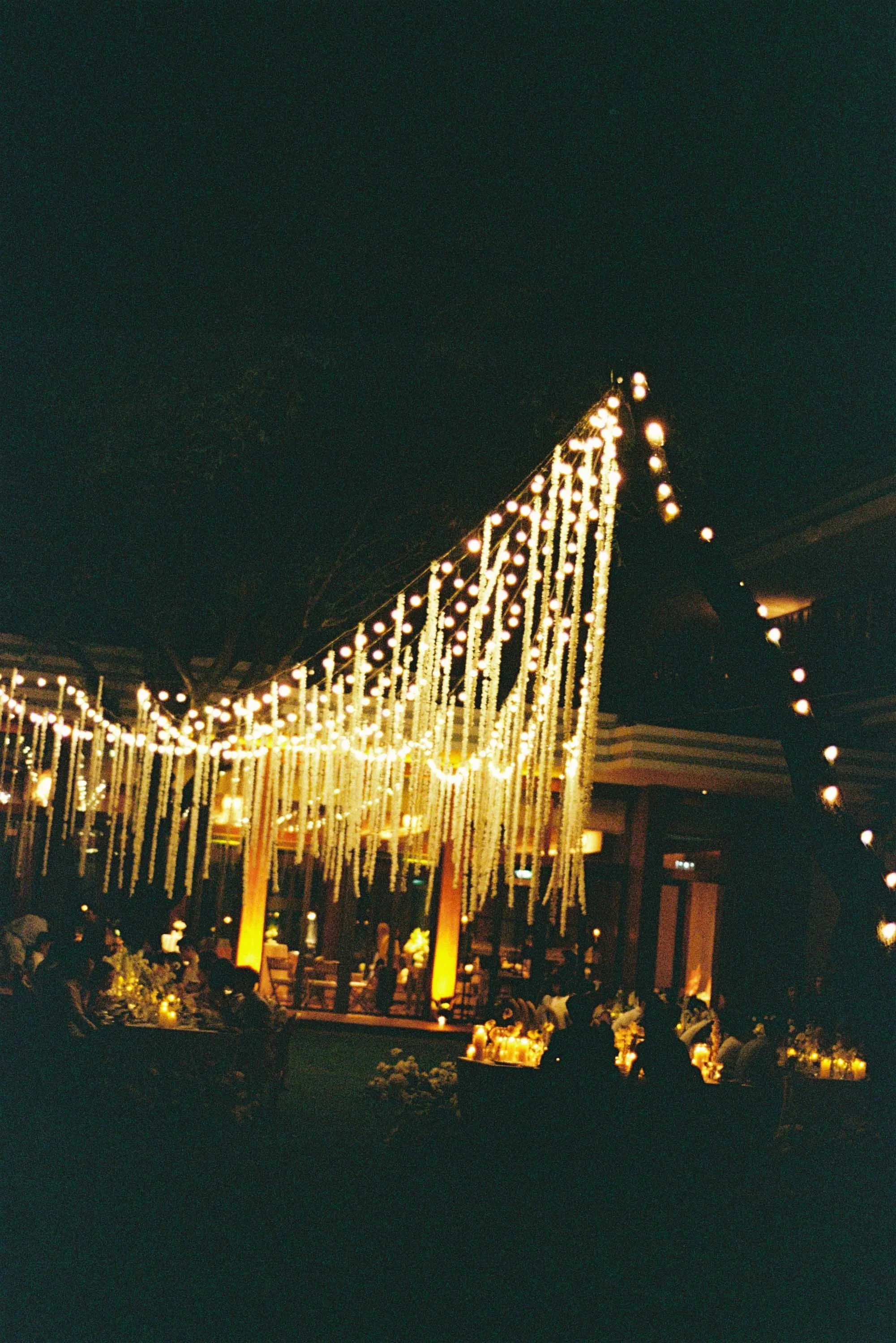 Evening reception viewed from behind the couple’s table.