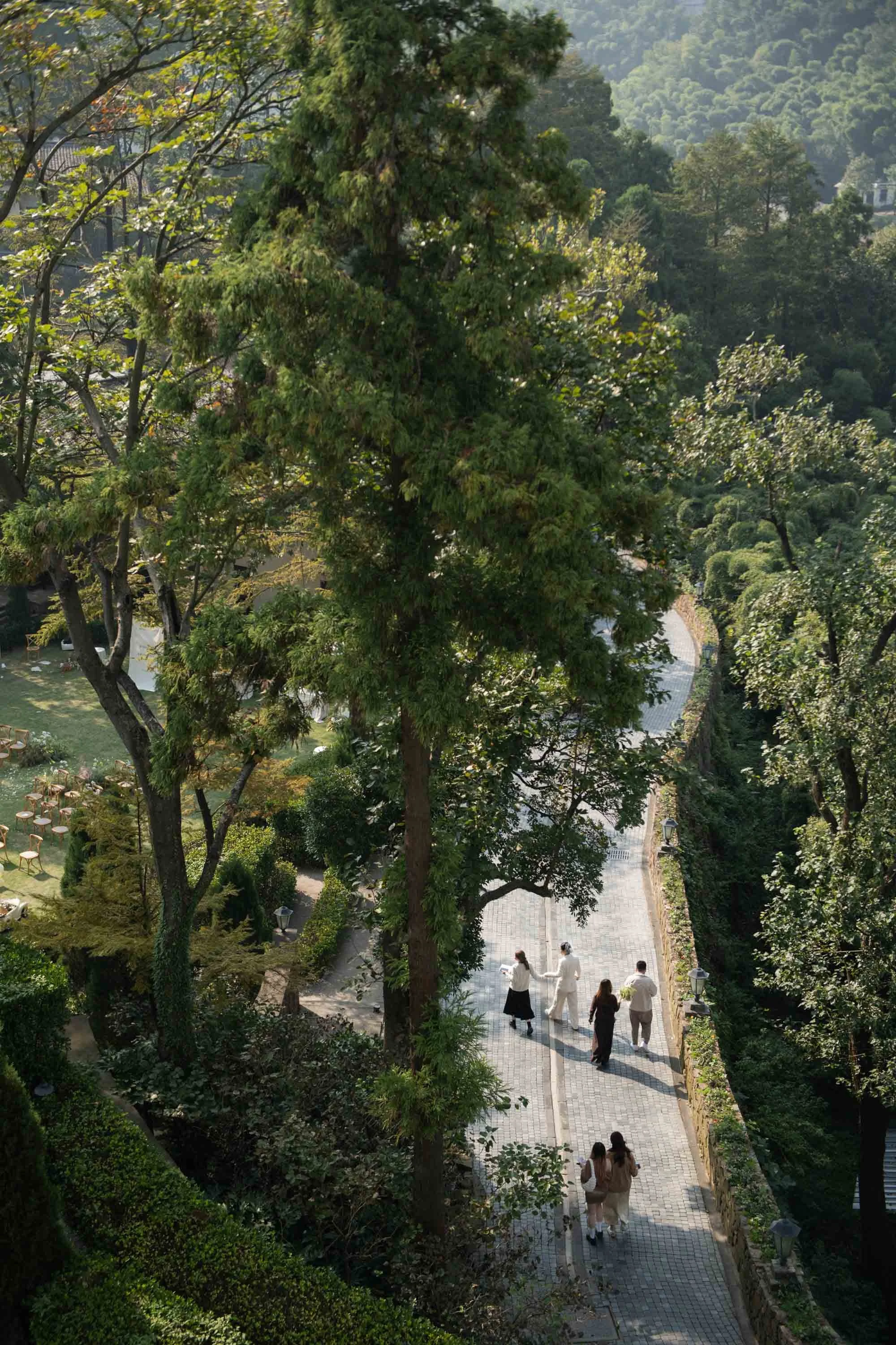 Elevated view of Naked Castle Moganshan surrounded by trees and mountain scenery.