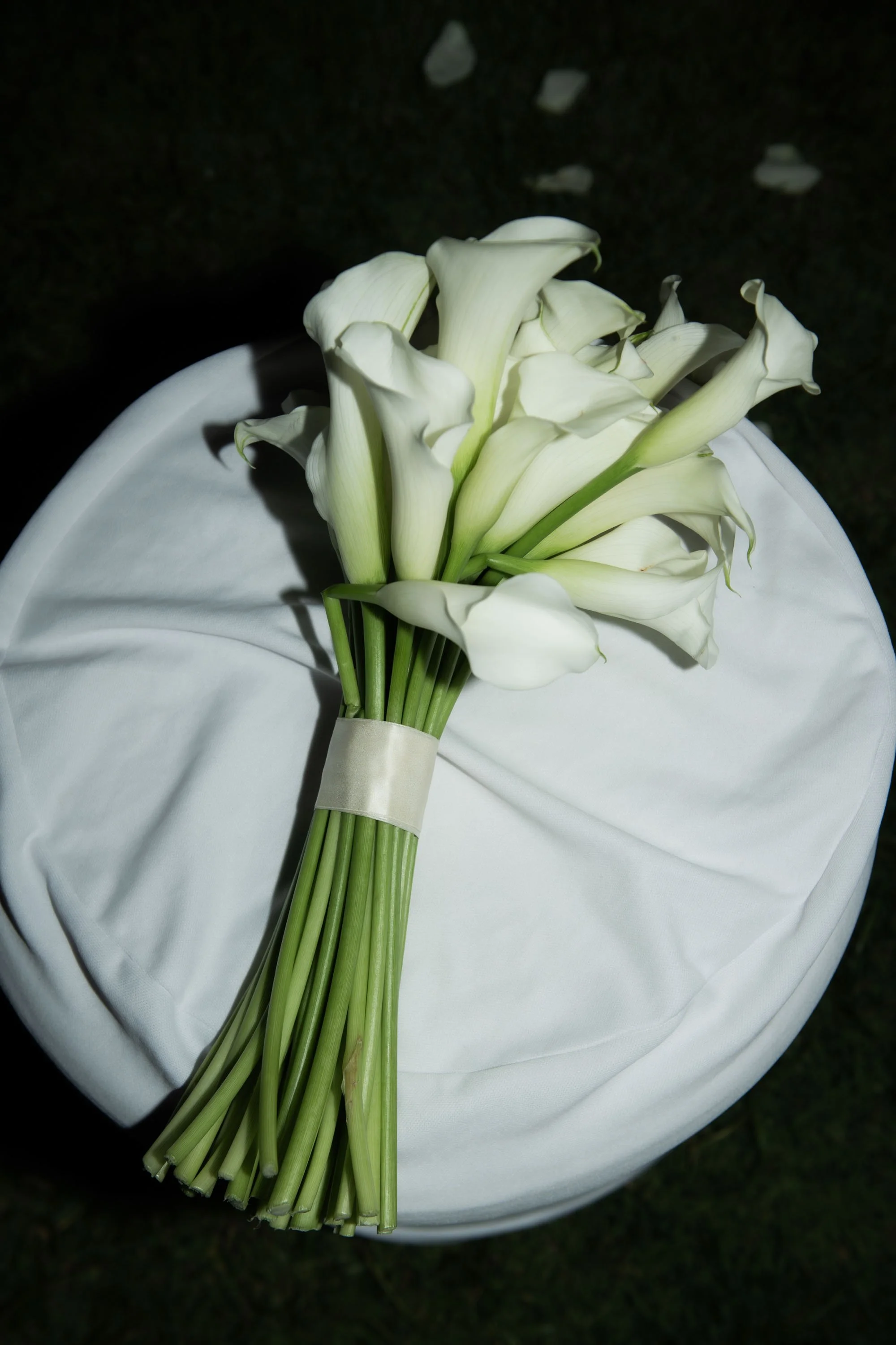 Bouquet resting on a chair after the bouquet toss.