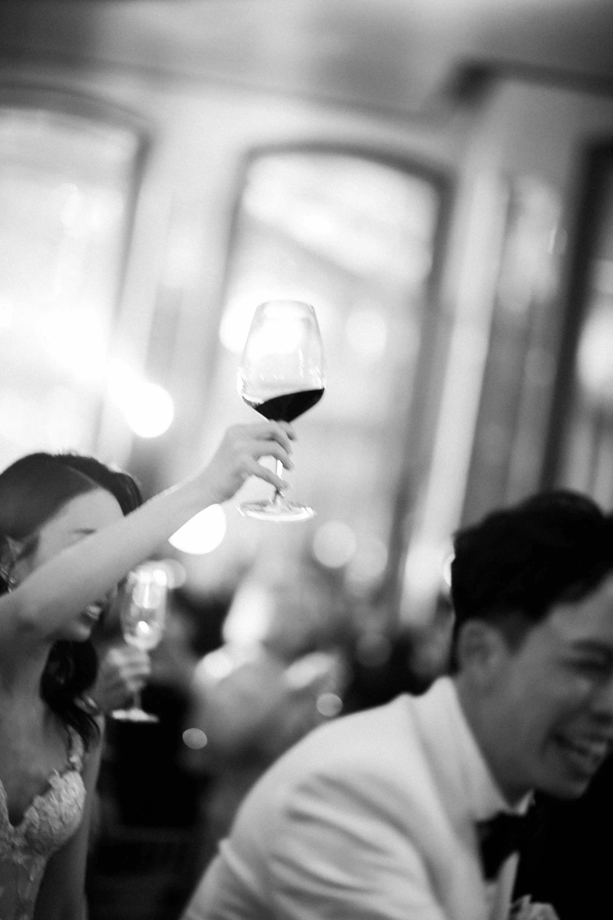 Bride and groom toasting with guests during the reception.