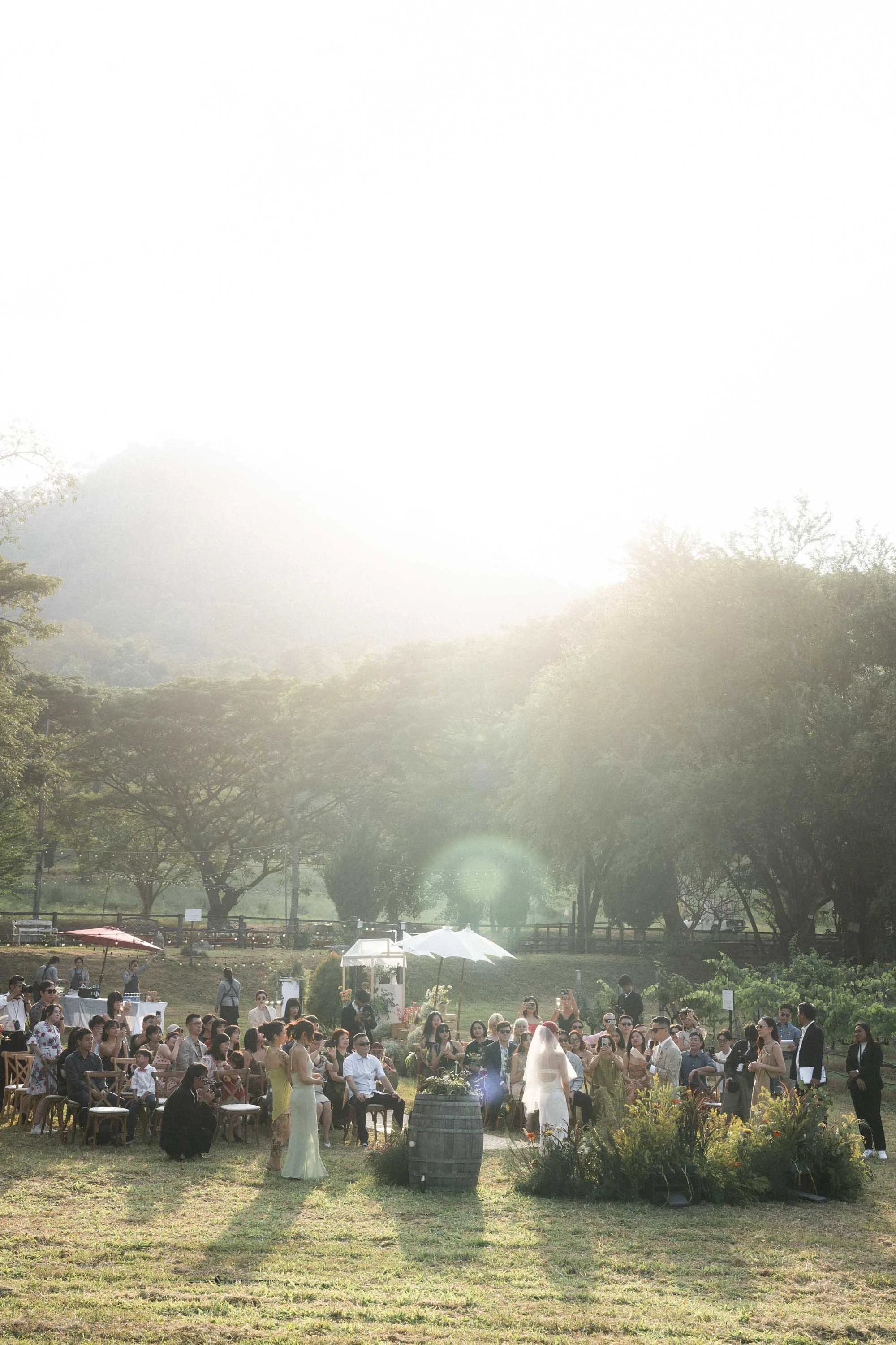 Outdoor wedding ceremony surrounded by vineyards, trees, and mountains at Issara Estates Winery.
