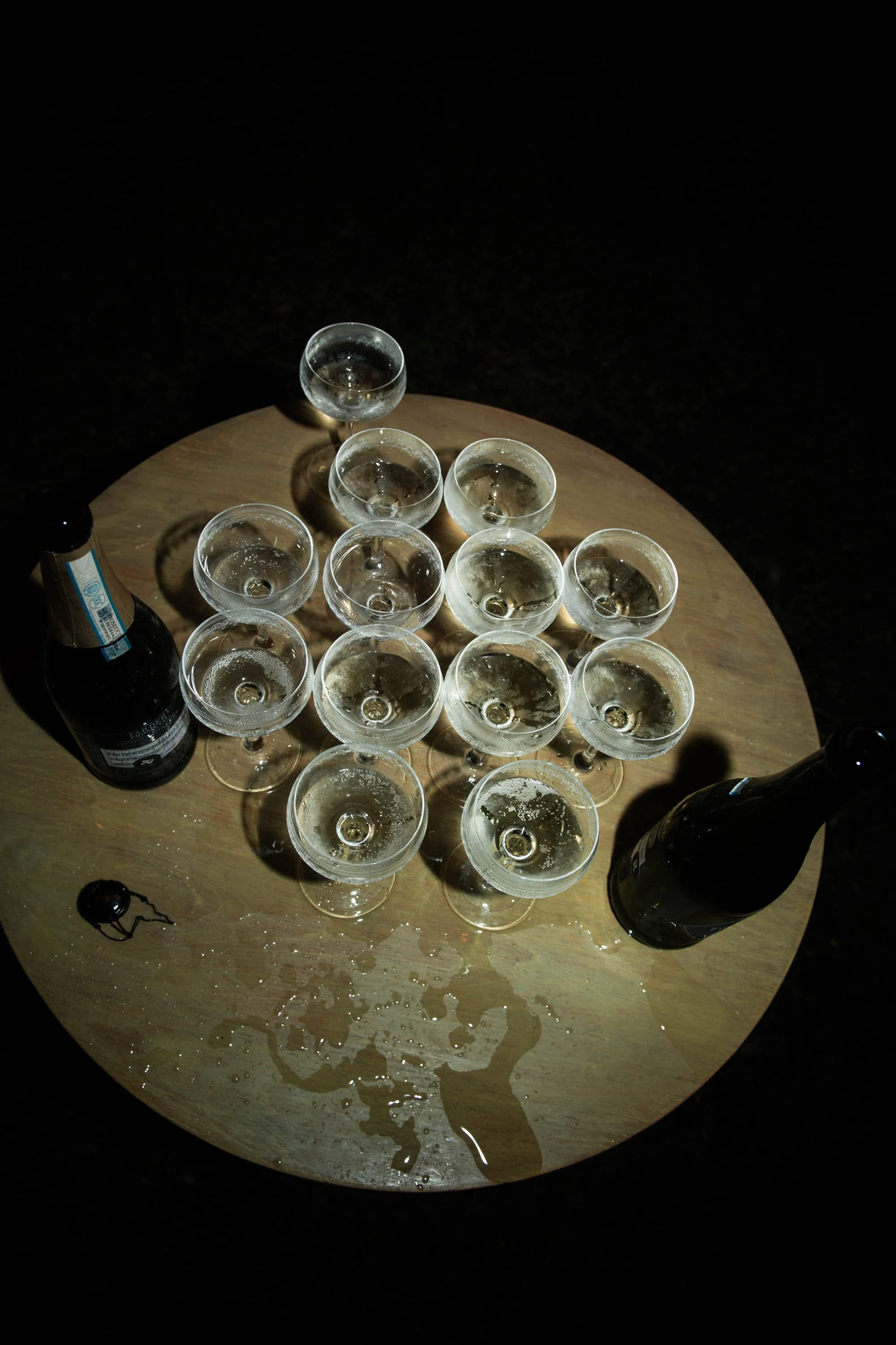 Champagne tower after the champagne pour during the celebration.