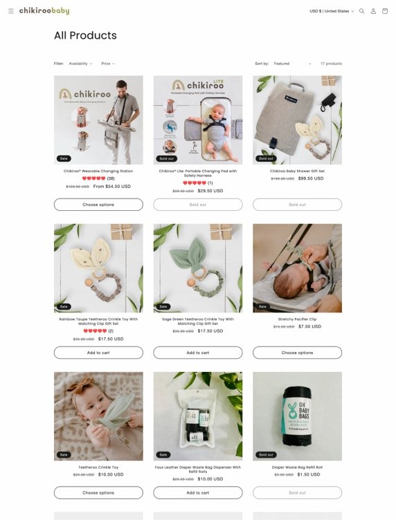 Online product catalog featuring baby and toddler products including a changing station, portable changing pad, baby shower gift set, teething clips, pacifier clip, baby blanket, teething toy, diaper waste bag, and diaper disposal roll