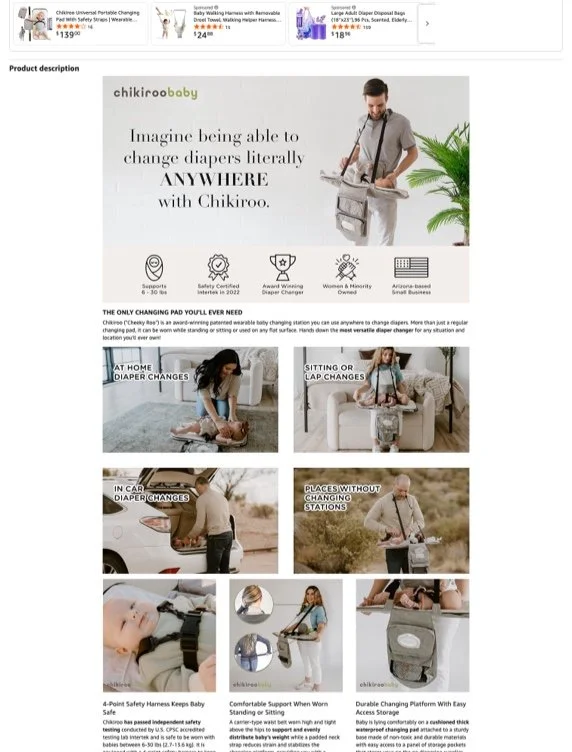 An advertisement for Chikiroo Baby changing products with images showing various use cases of the portable changing pad, including at home, sitting or lap changes, in-car changes, and outdoor changes, highlighting its safety, convenience, and versatility.