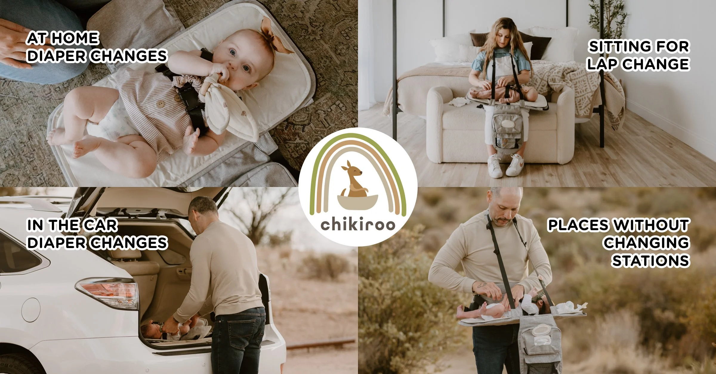 Collage of four photos showing diaper changing situations: a baby on a changing pad at home, a girl sitting for a lap change, a man changing a baby in the car trunk, and a man changing a baby outdoors, with the Chikiroo logo at the center.
