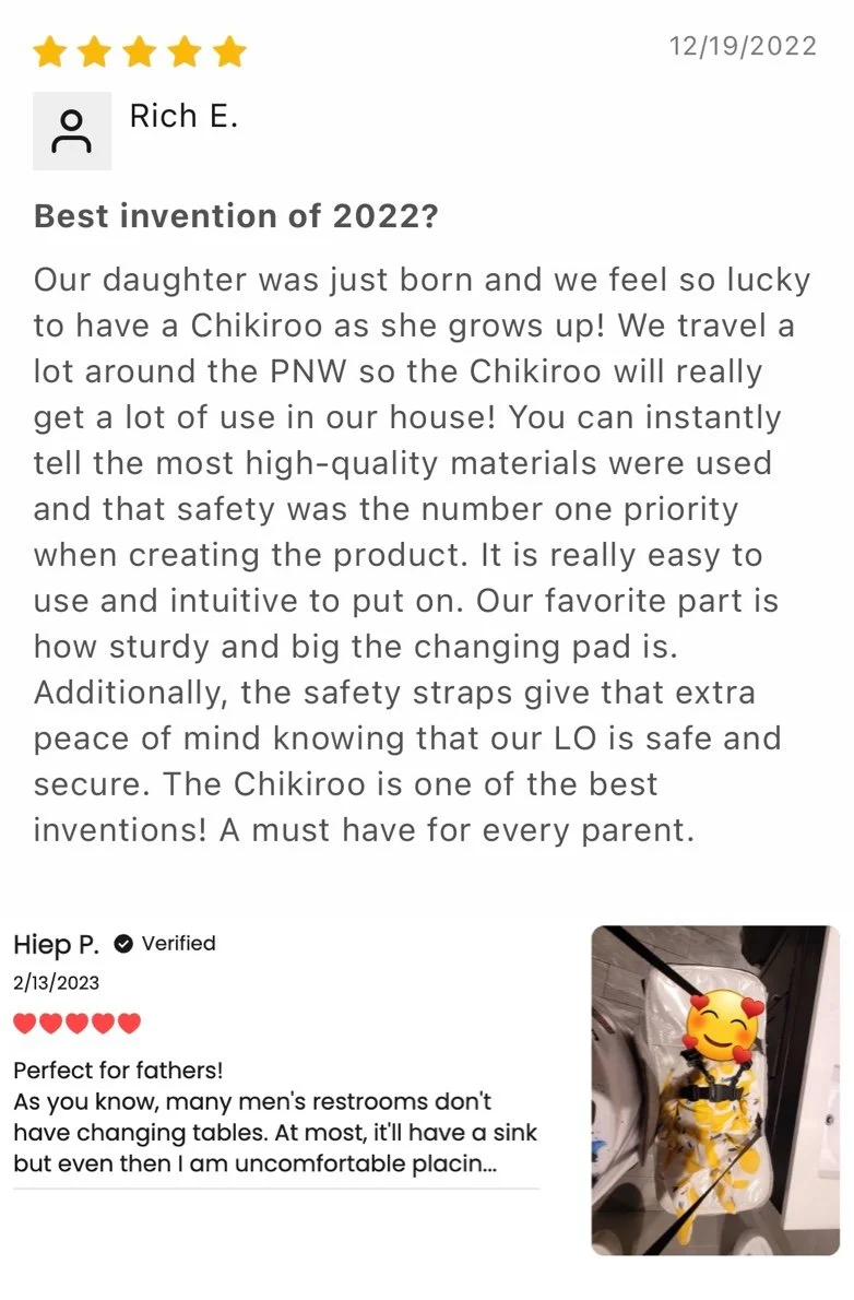 A review about a product called Chikiroo, including a photo of a diaper bag with a smiling emoji over it, and a user's comment about its usefulness for fathers in public restrooms.