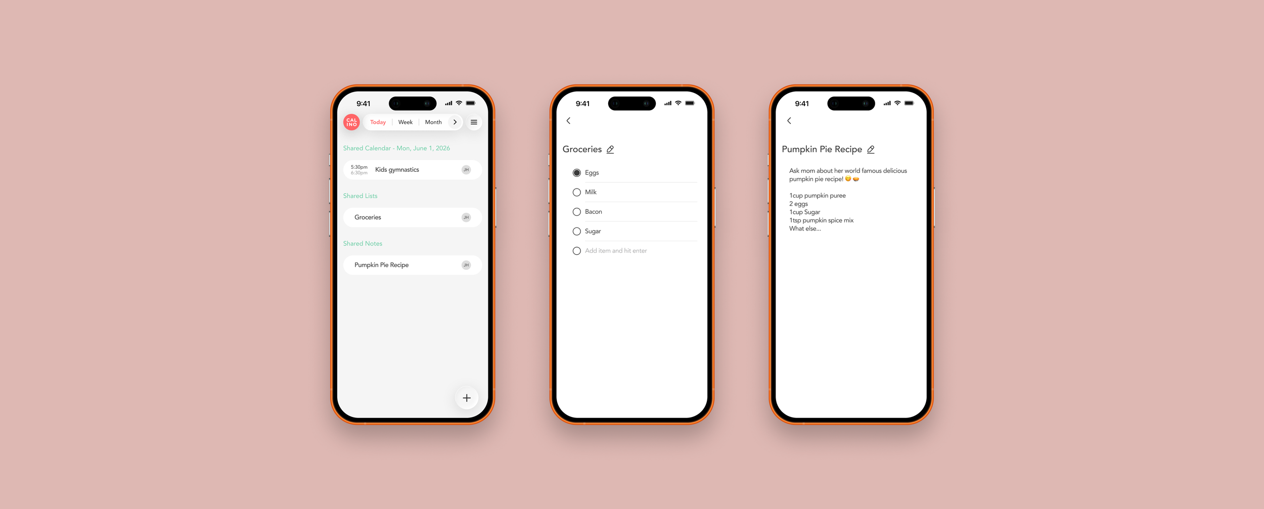 Three smartphones displaying a digital organization app with shared calendar, shopping list, and a pumpkin pie recipe, set against a pink background.