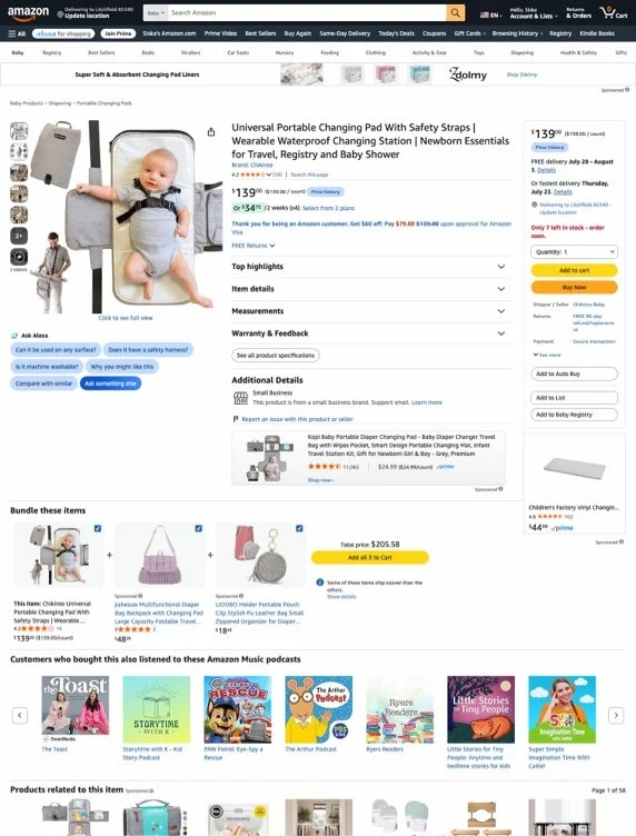 Screenshot of an Amazon product page for a universal portable changing pad with safety straps, wearable waterproof changing station, suitable for travel, registry, and baby showers. The product price is $139.00, with free delivery available. The page displays product images, highlights, details, related bundle items, and customer reviews, along with a purchase option and add-to-cart button.