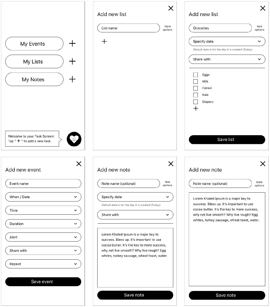 Screenshots of a task management app with sections for creating lists, events, and notes, including interface elements like buttons, dropdowns, and input fields.