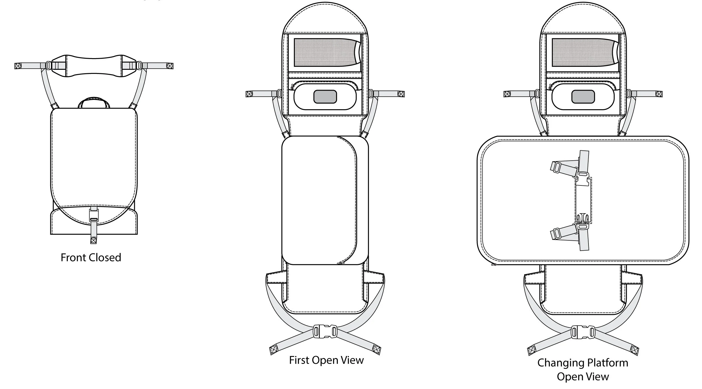 Technical diagram of a baby stroller with multiple views: front closed, first open view, and changing platform open view, illustrating different configurations and features.